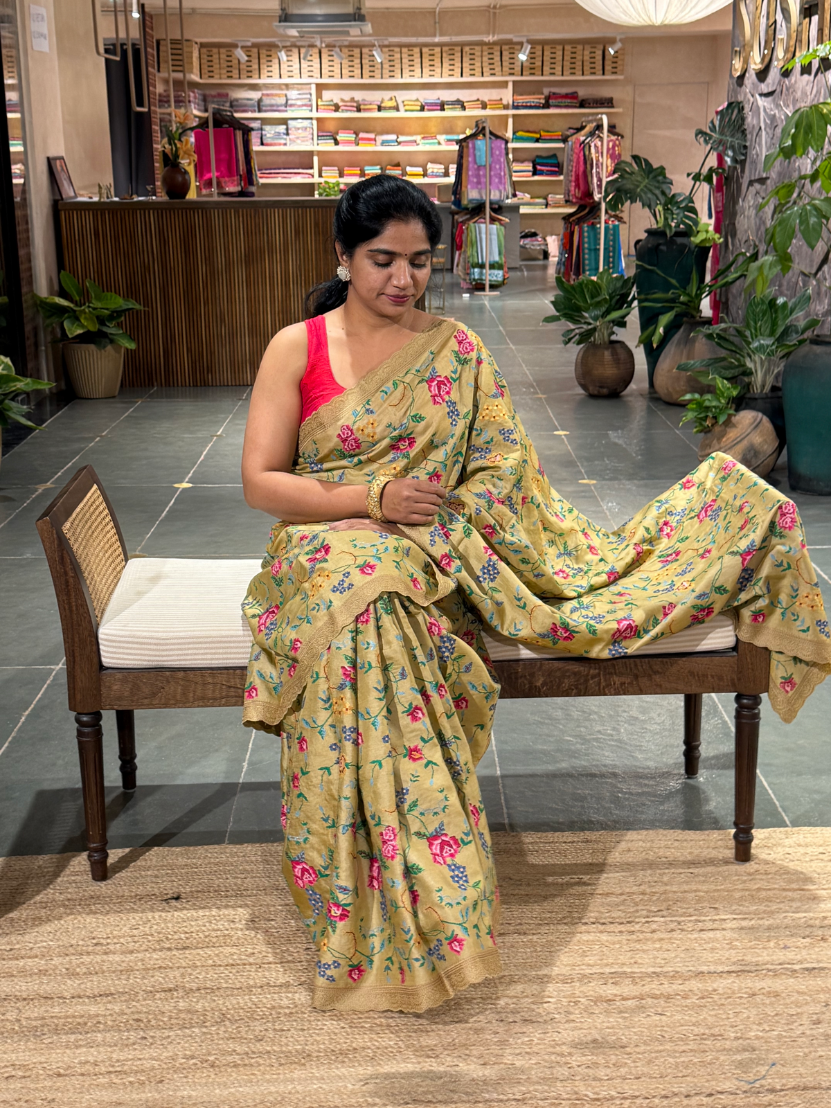 STPPA204 : Khakhi Pure Tussar Saree With Allover Petite Point Embroidery
