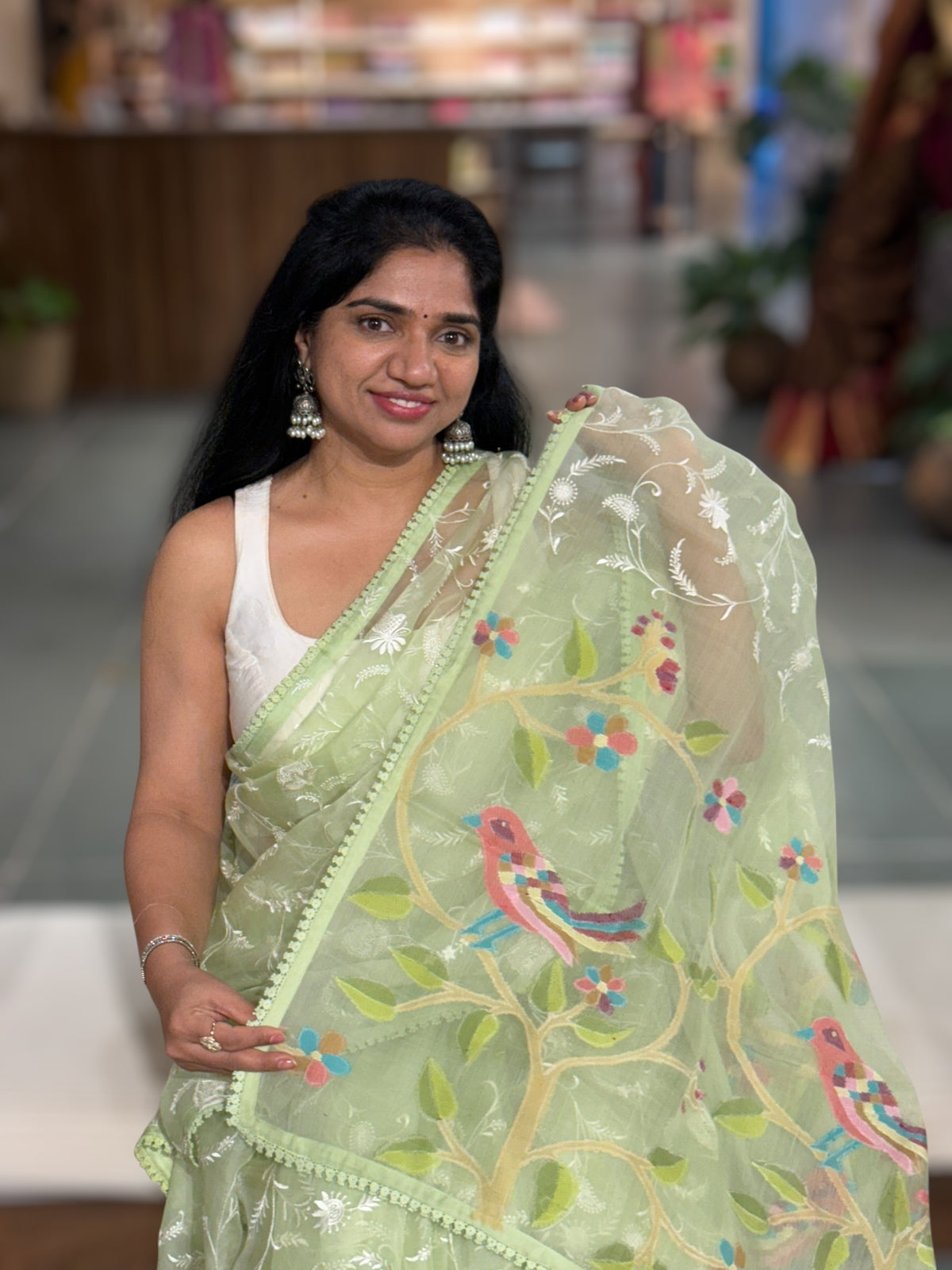 Pista  Green Pure Handloom Muslin Saree with Allover chikankari & Jamdnai Pallu