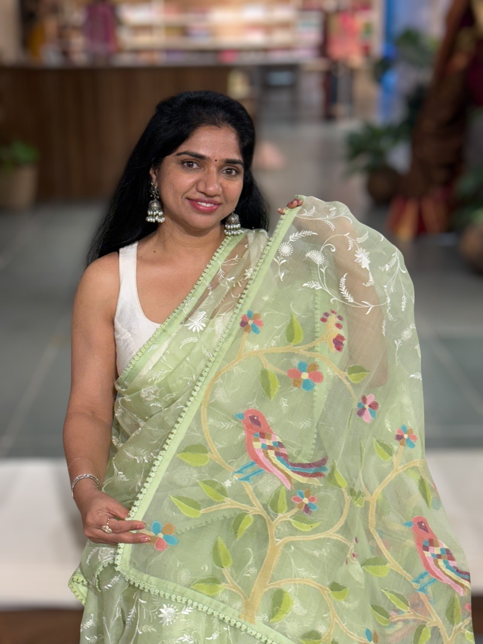 Pista  Green Pure Handloom Muslin Saree with Allover chikankari & Jamdnai Pallu