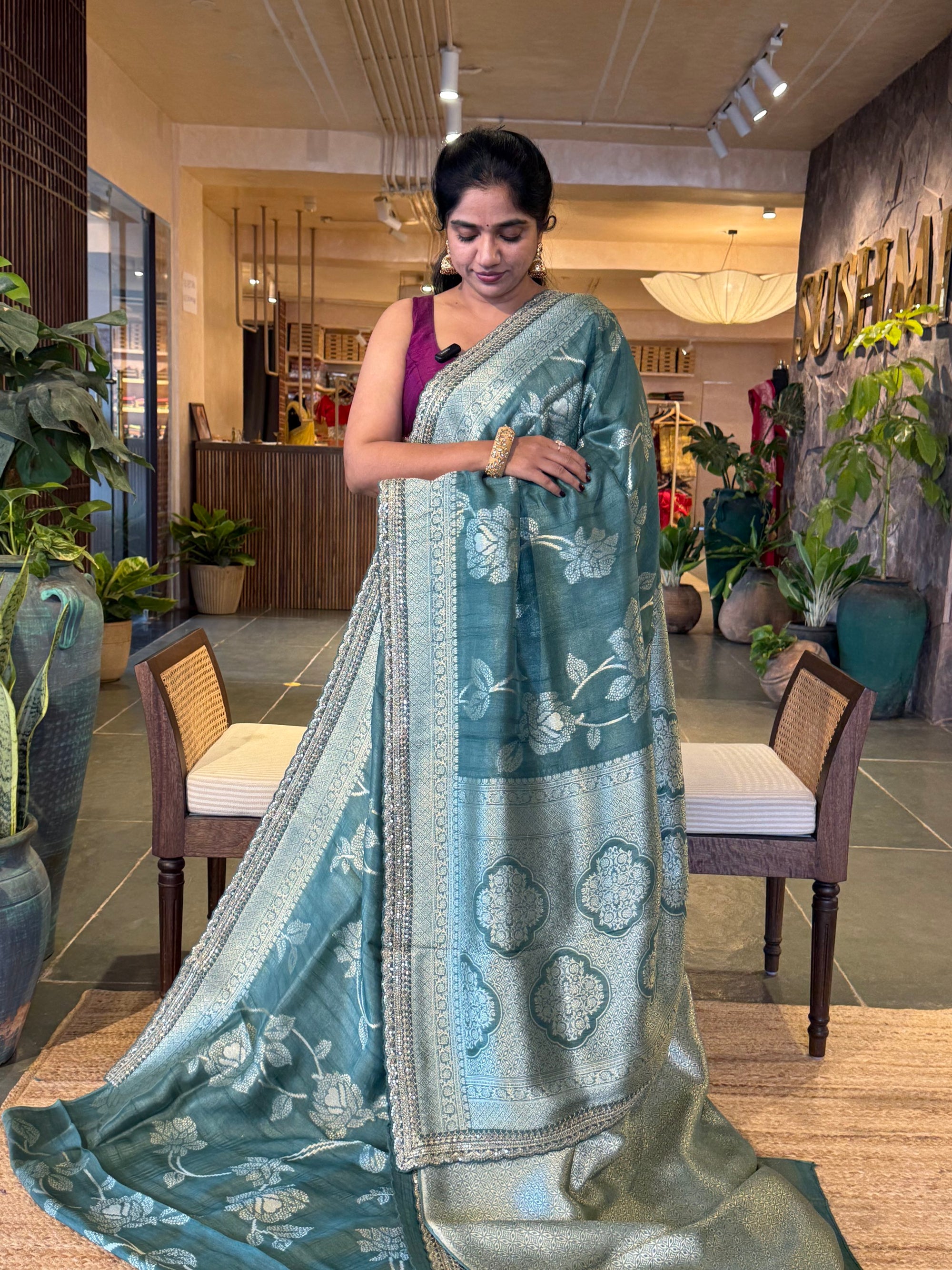 Sage Green Tussar Khaddi Saree wth Allover weaving & sabhyasachi borders STKM15