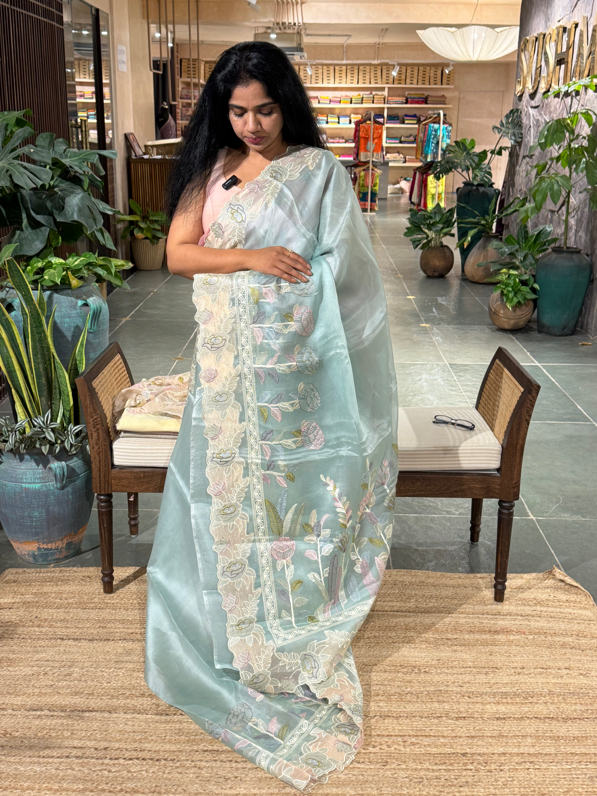 Pastel Blue Pure Organza Saree with embroidered and cutwork borders