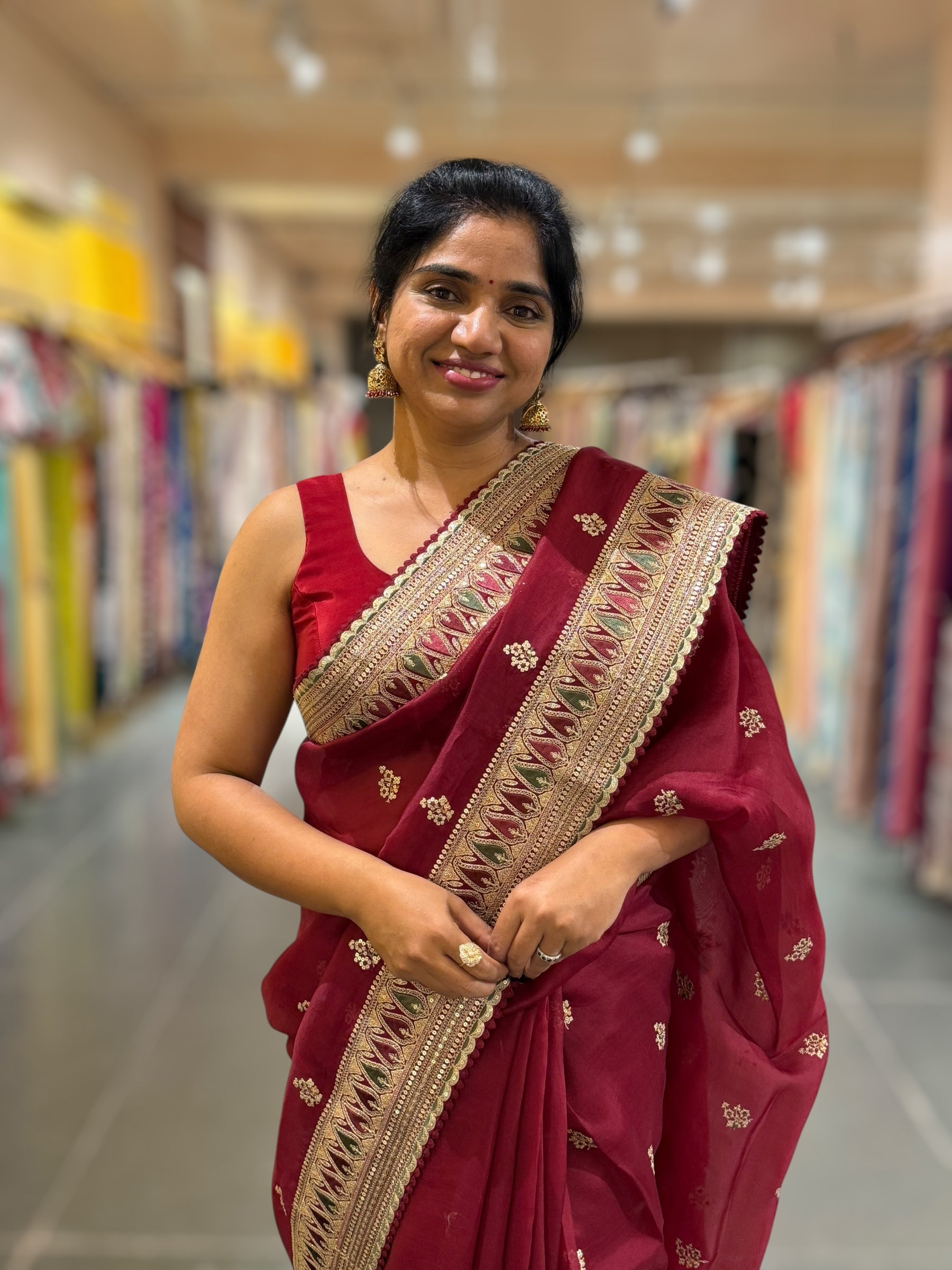 Luxe Brgundy Organza Saree with Sabyasachi-Inspired Border & Blouse