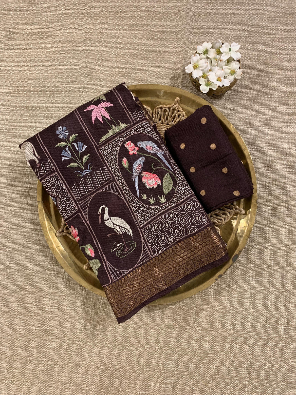 SMSEA106 :  Coffee Brown Pure Handloom Munga Silk Saree with Pichwai Embroidery