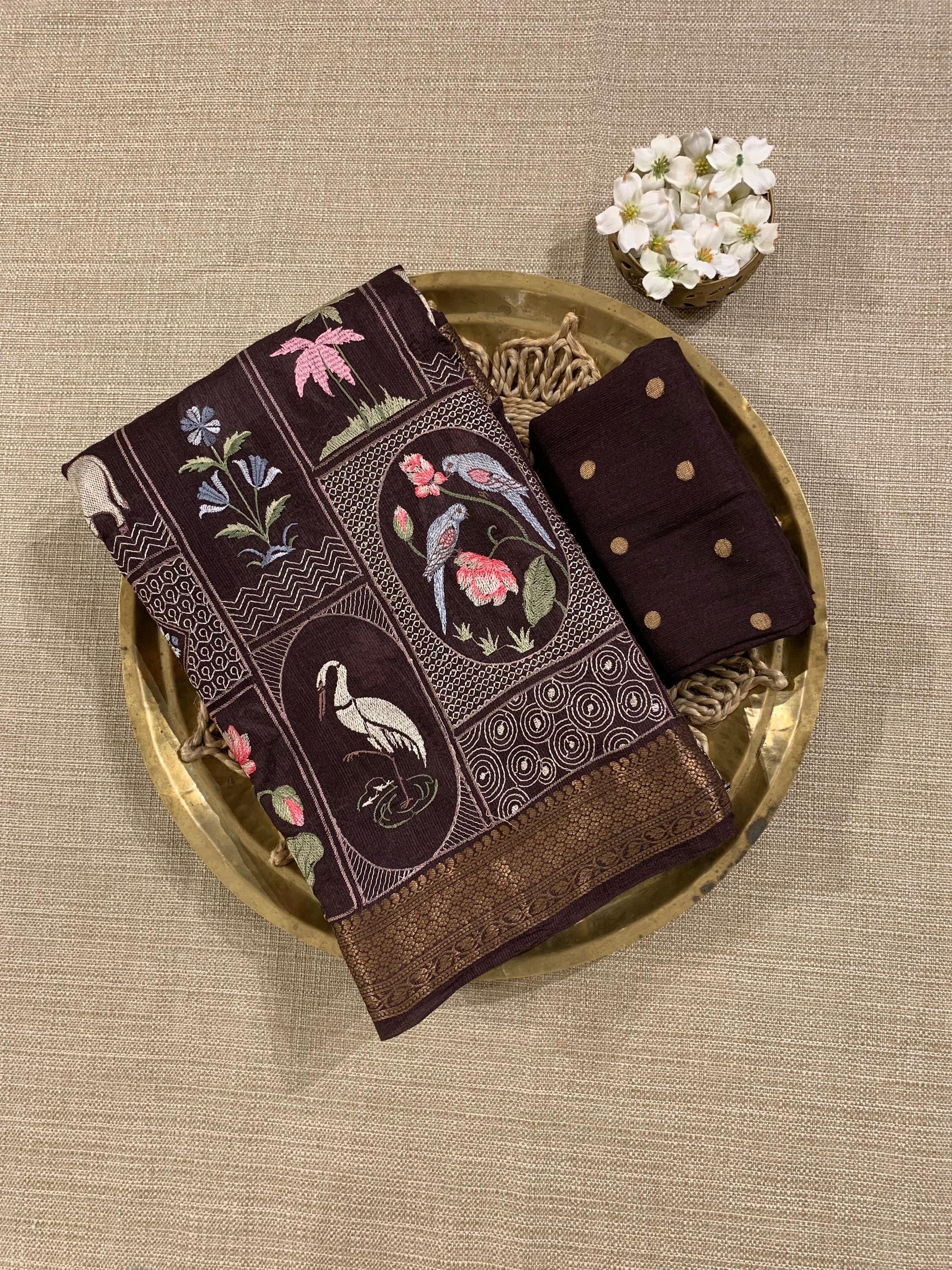 SMSEA106 :  Coffee Brown Pure Handloom Munga Silk Saree with Pichwai Embroidery