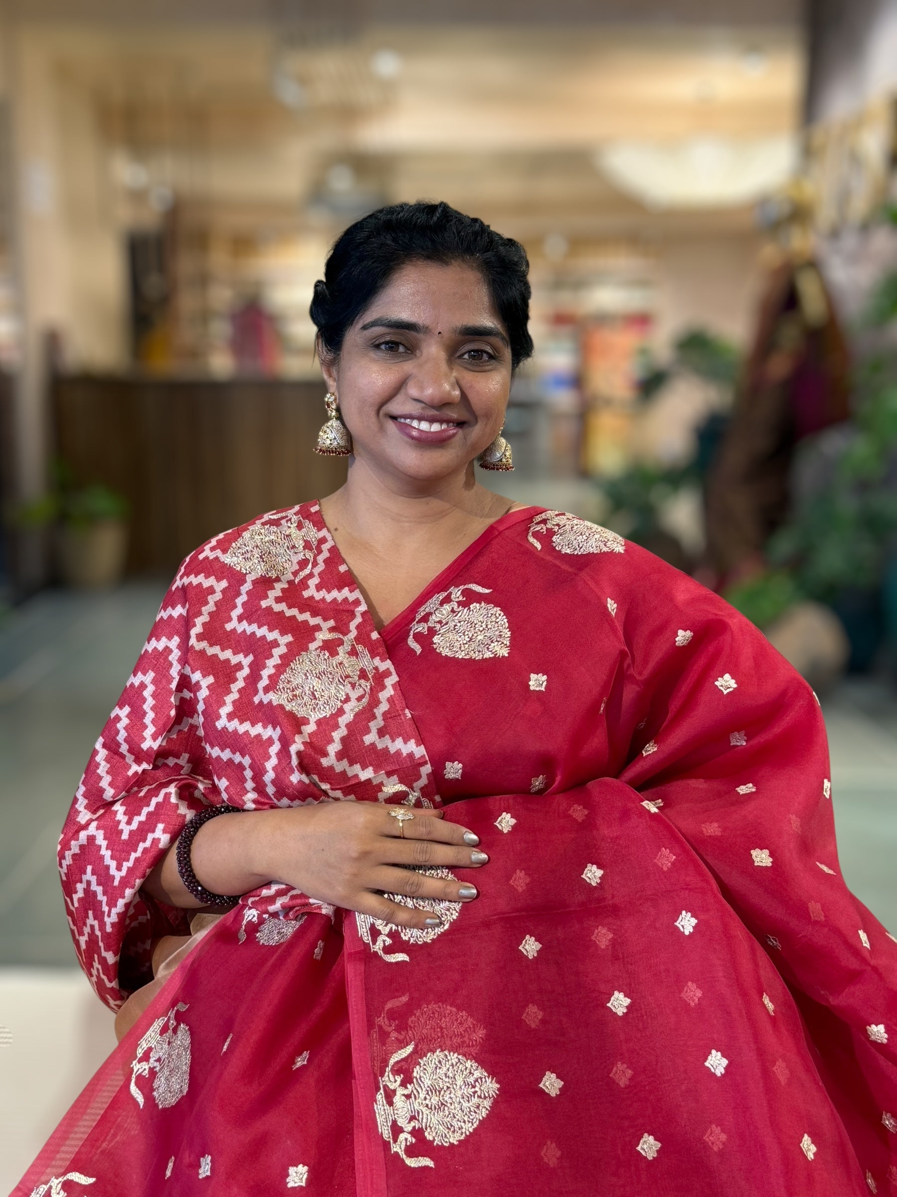 Red Organza Saree With Embroidered Motifs & Tussar Printed Blouse