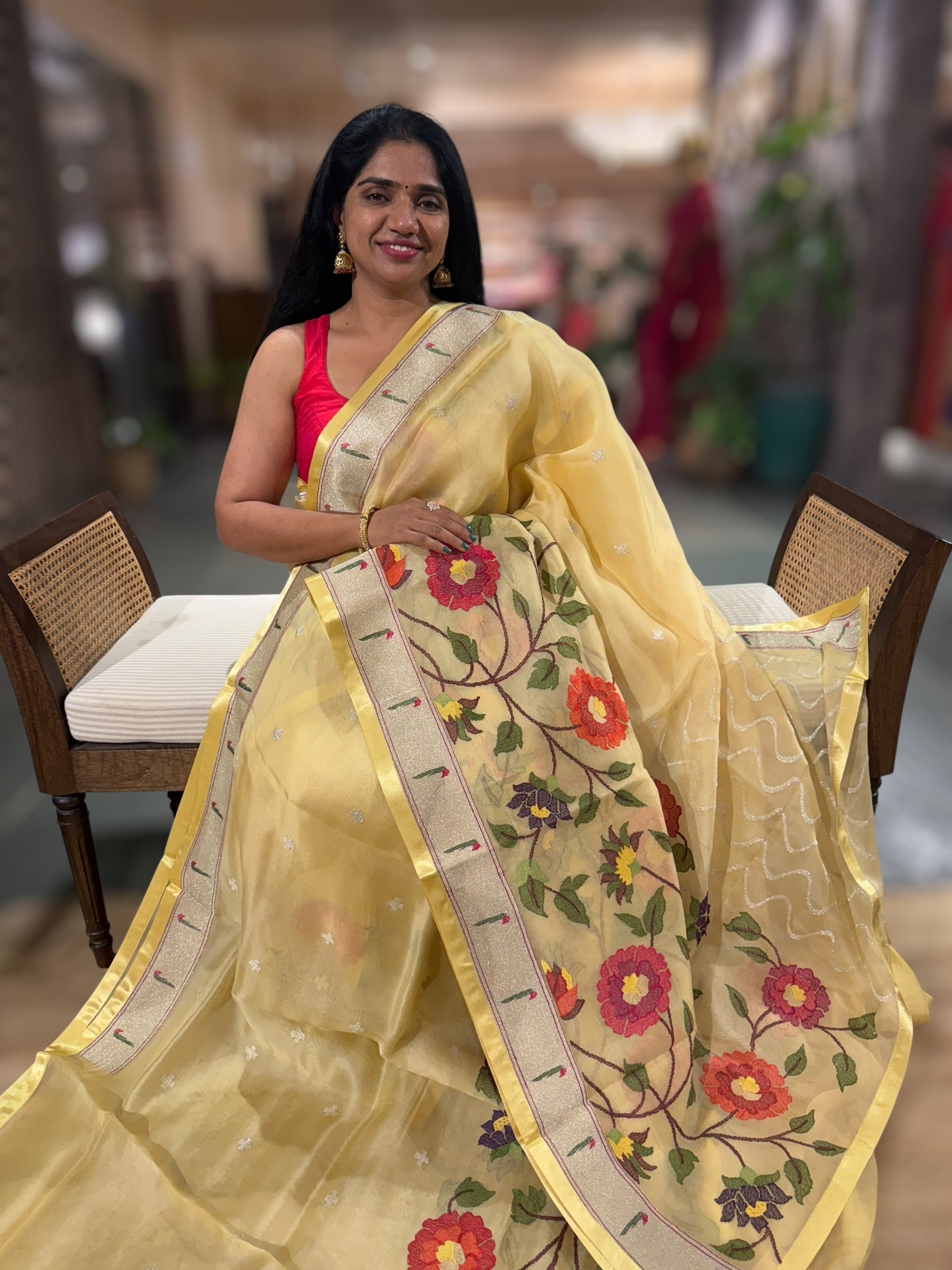 Pastel Yellow Organza Silk Saree With Jamdani Inspired Embroidery