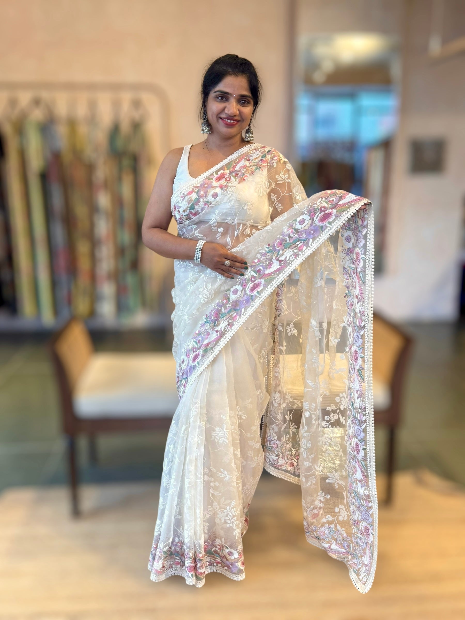 Ivory Organza Saree with Allover Floral Sequence Work & Parsi Embroidered Border