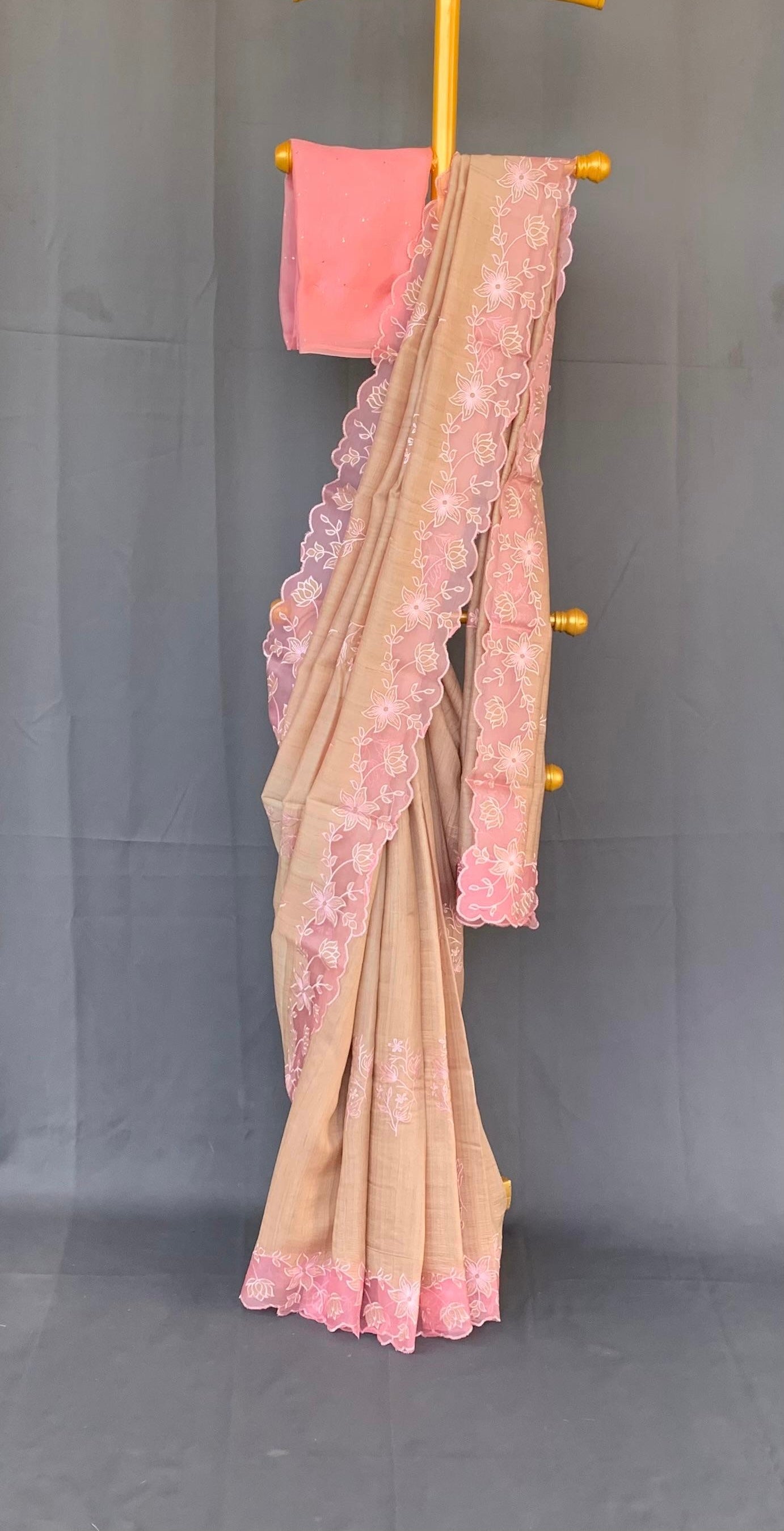 Pure handloom Tussar Designer Saree with Organza Applique Cutwork Border