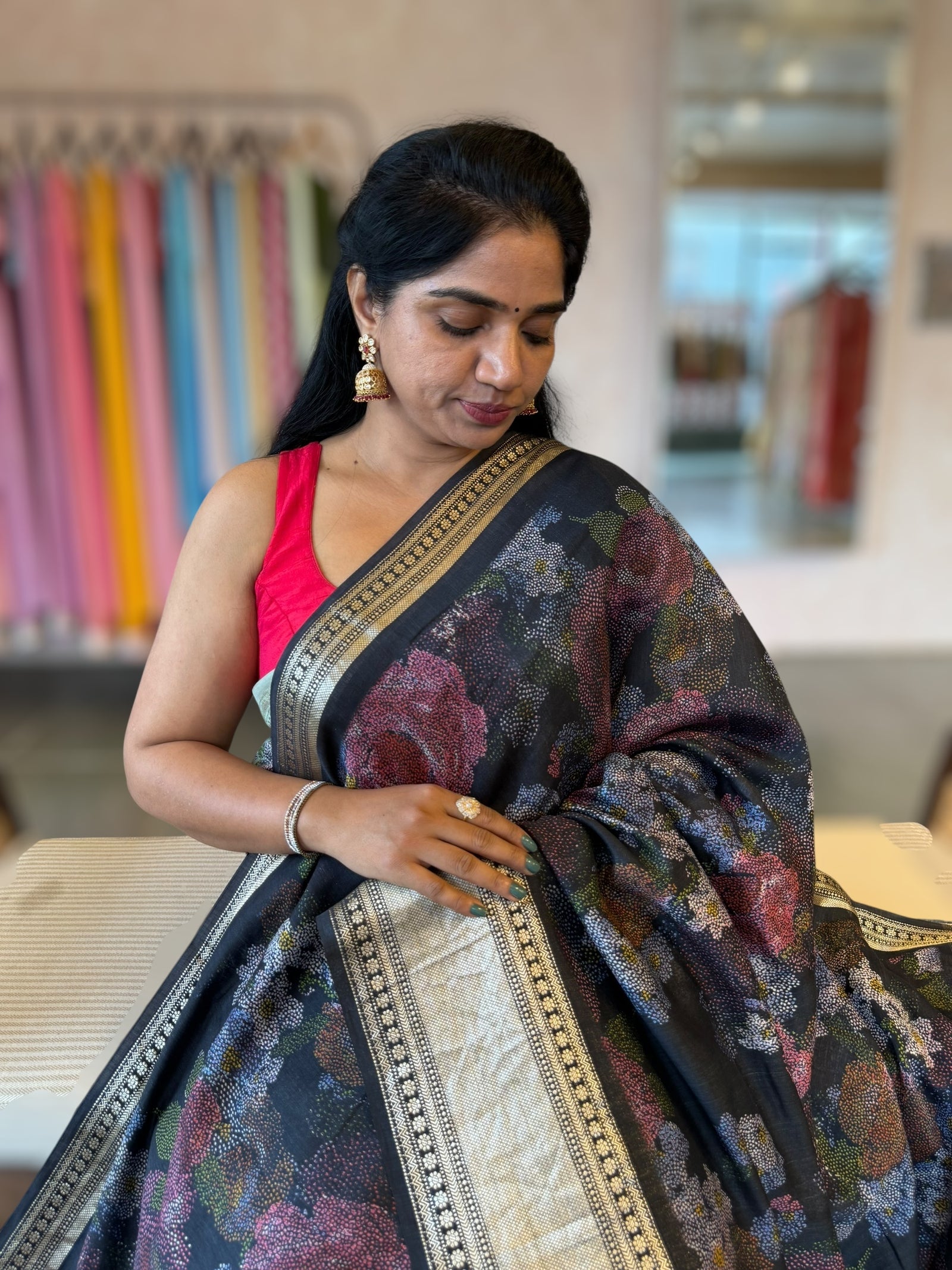 Black Pista Chiniya Silk Saree With Petite Point  Emb Style Print
