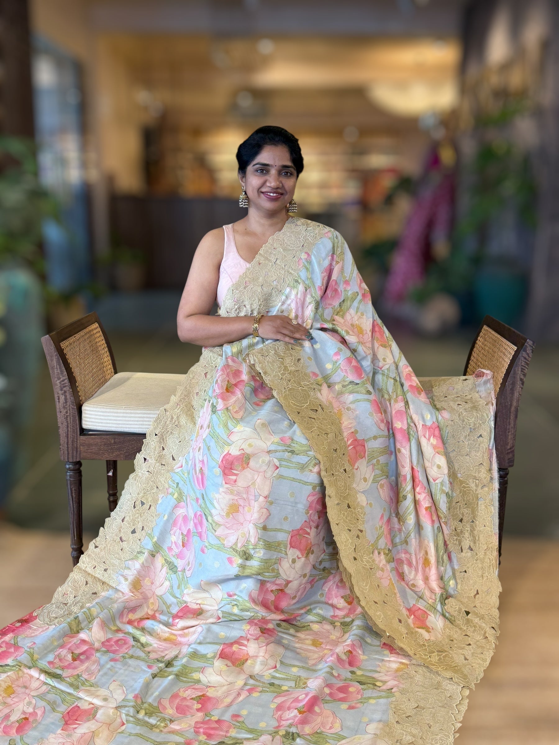 BabyBlue Banarasi Printed Tussar Khaddi Gorgette With Tissue cutwork Rose Border