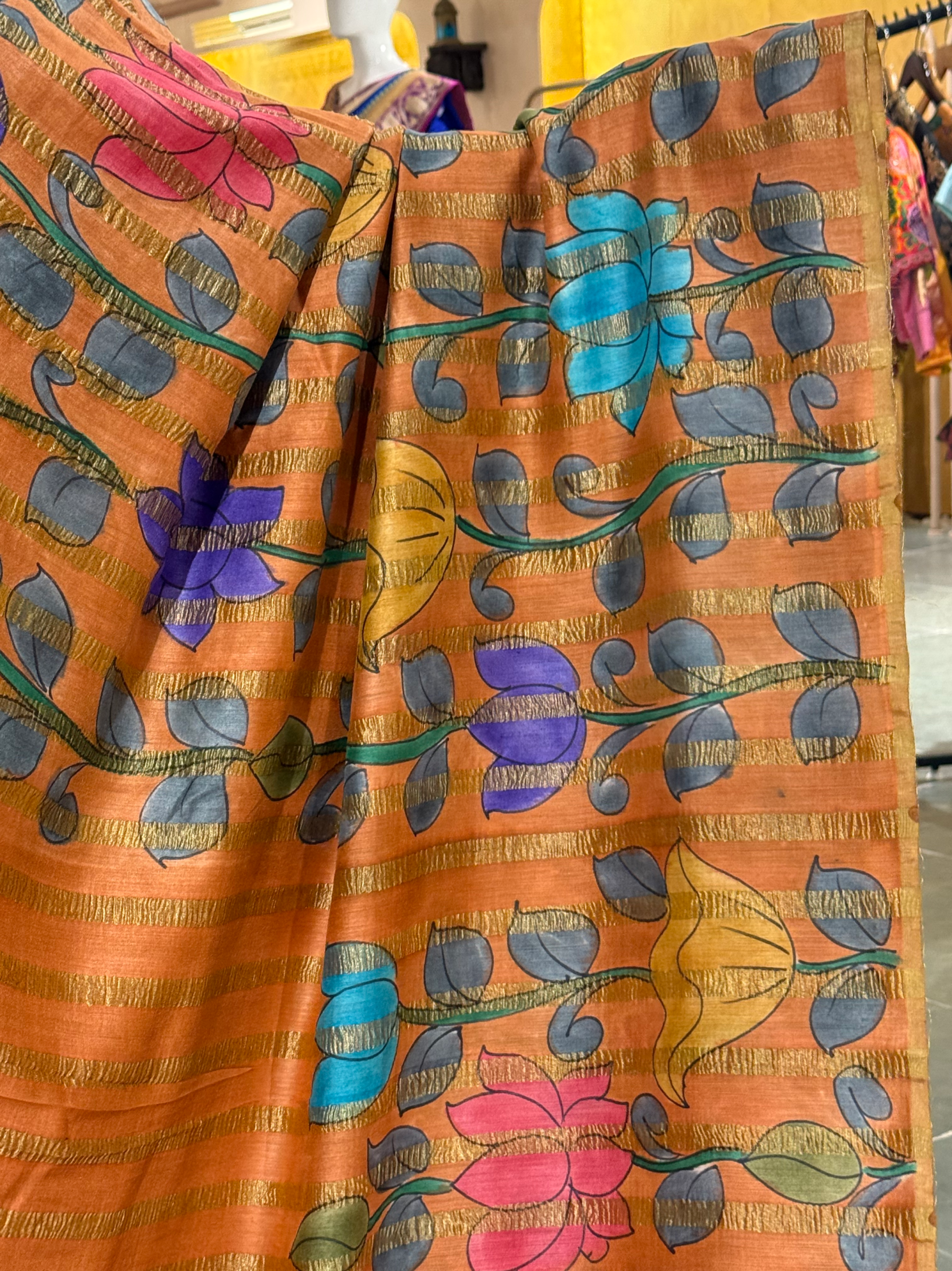 SMTKM174 Pure Handloom Munga Silk Wth Tissue Stripes & Penkalamkari Handpainting