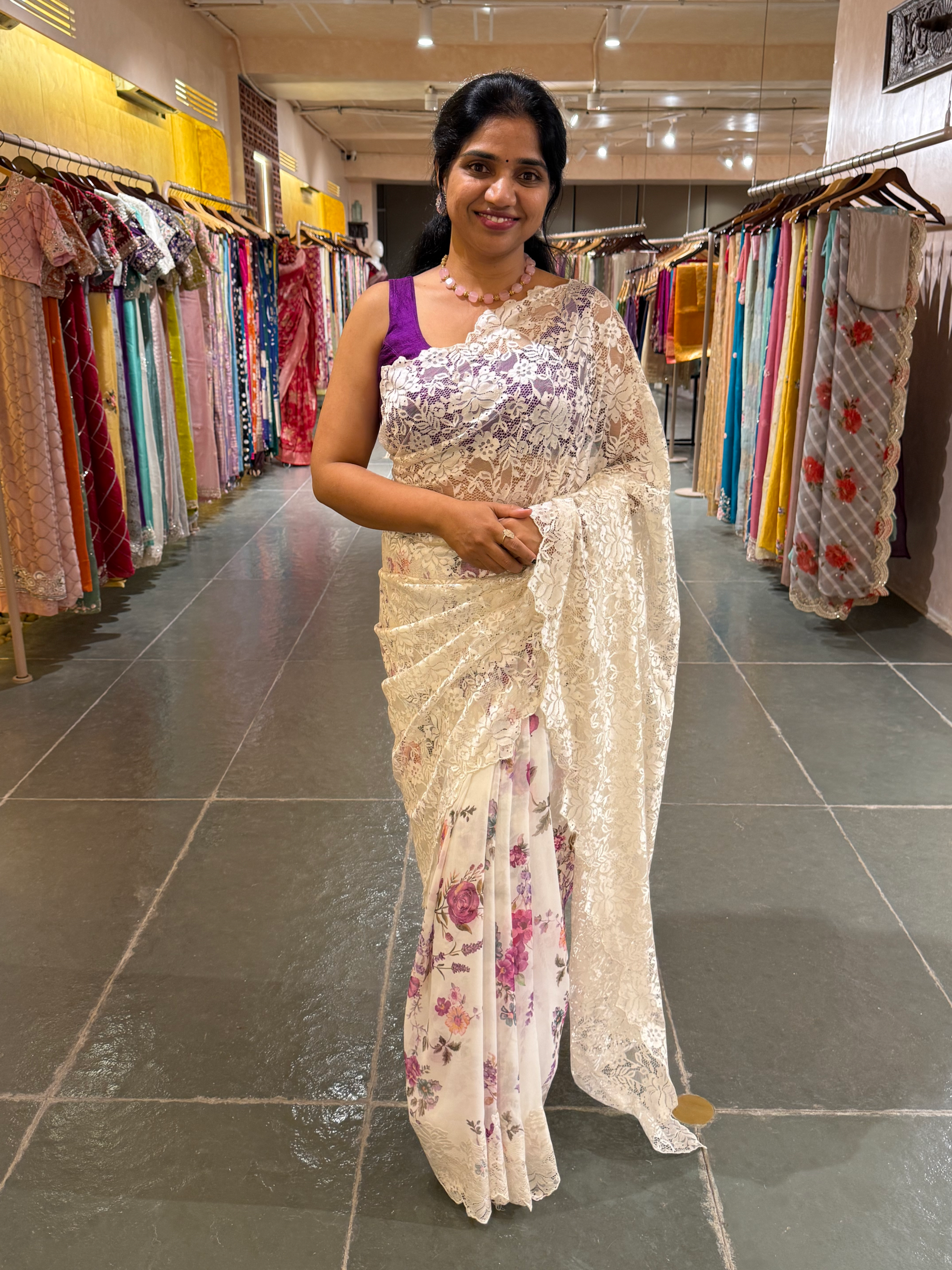 Designer Gorgette Saree with Chantilly lace for Pallu in Half and Half style