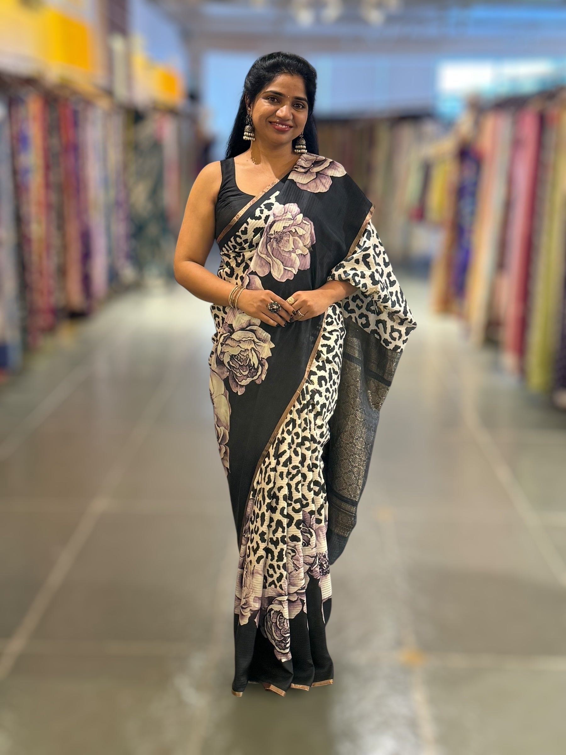 Kanchi Soft Silk Saree with Leopard and Statement 3D Rose Print