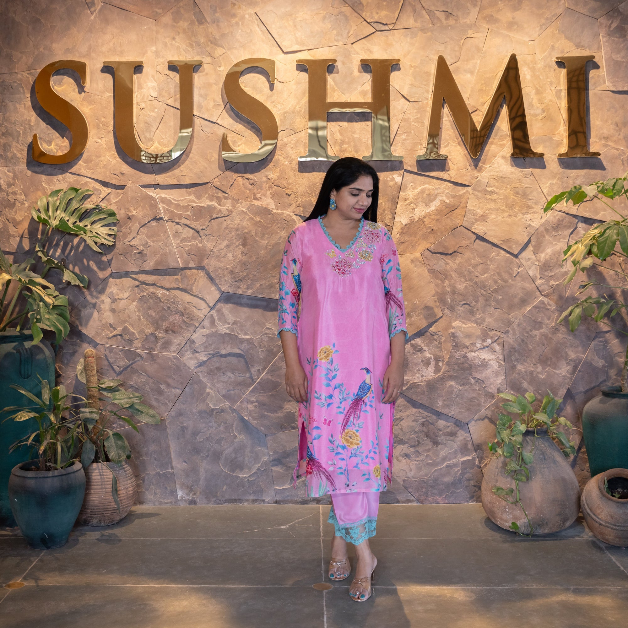 Lotus Pink Color Pure Chinnon Printed Coordset with handwork