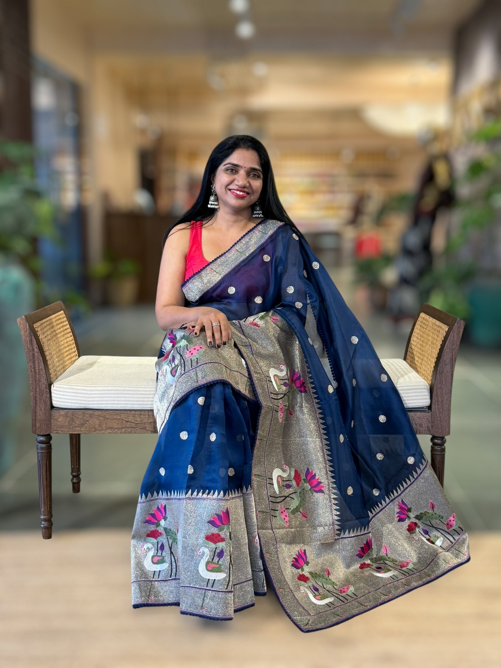 Peacock Blue Pure Organza Saree With Pythani Embroidered Border