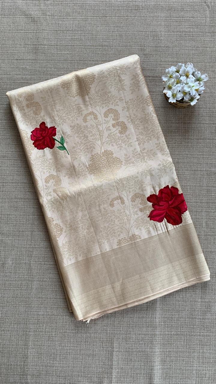 Beige Kanjeevaram Brocade Silk Saree With Floral Embroidery
