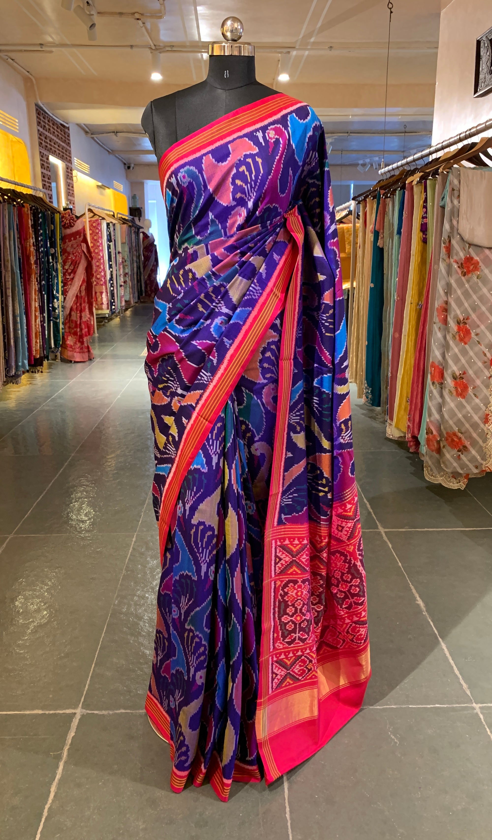 Purplish Blue and Reddish Pink Patan Patola Saree with Statement Swan Pattern