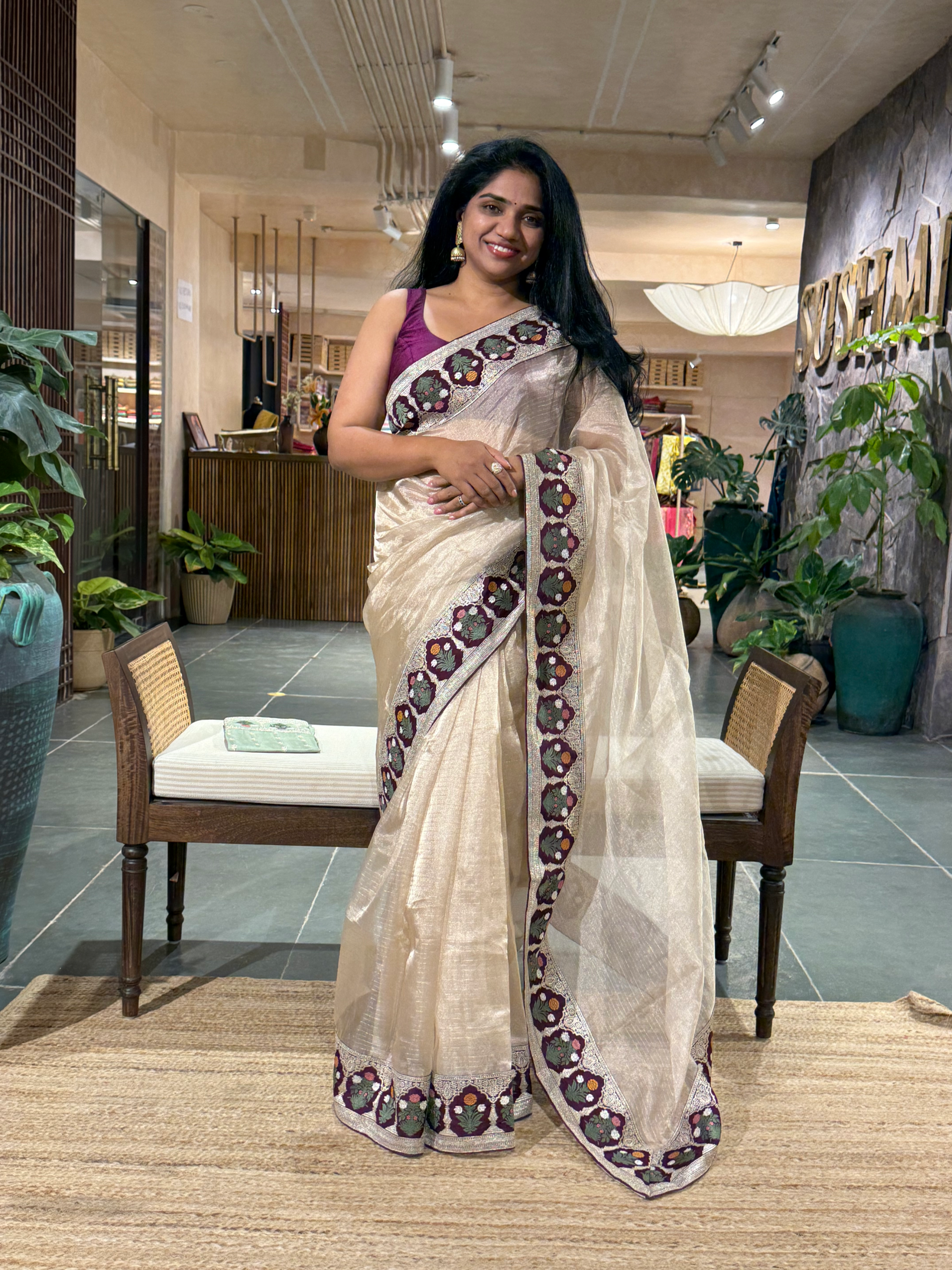 Beige Kora Tissue Stripes Saree With Wine  Sabyasachi Borders & Blouse