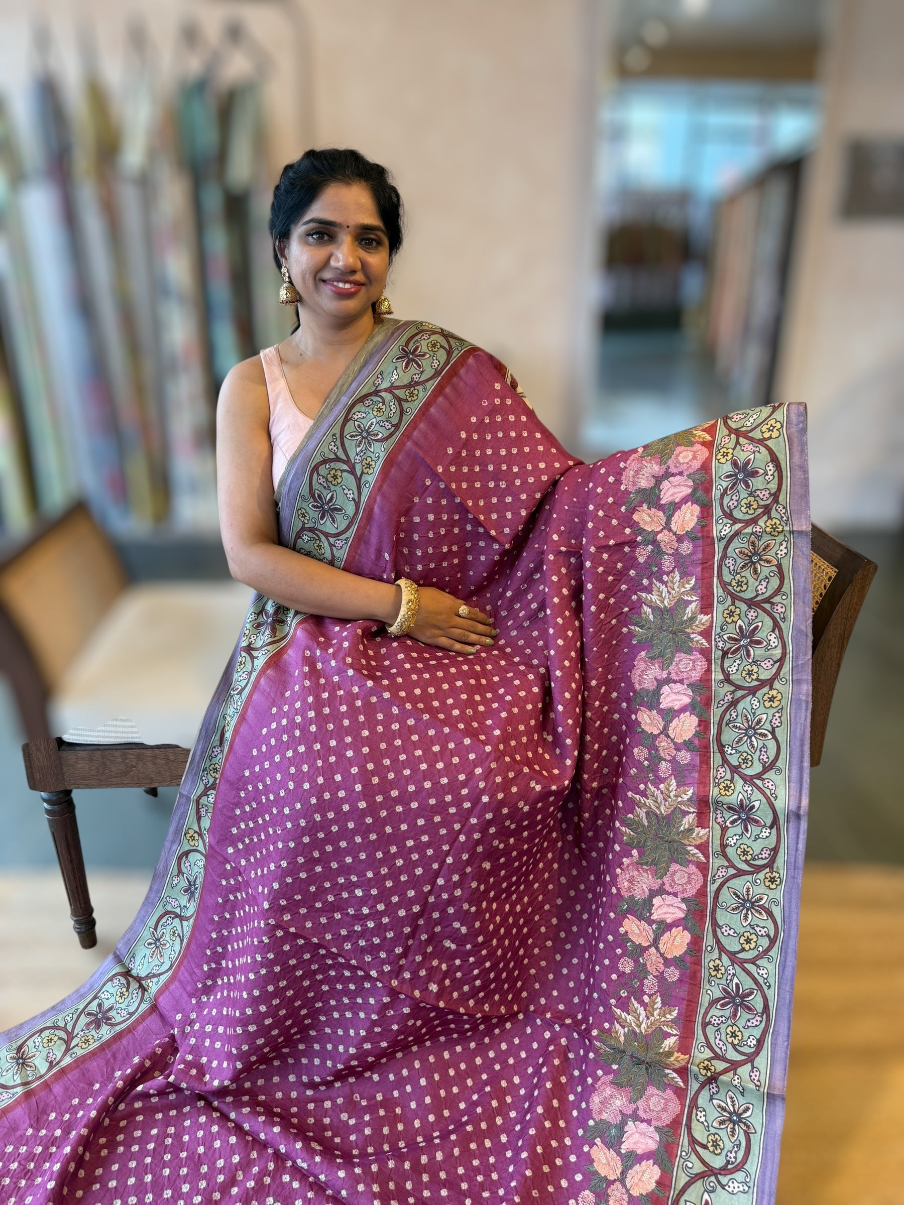 Tussar Bandhini Saree With Pen kalamkari Border & Petite Point Emb Blouse