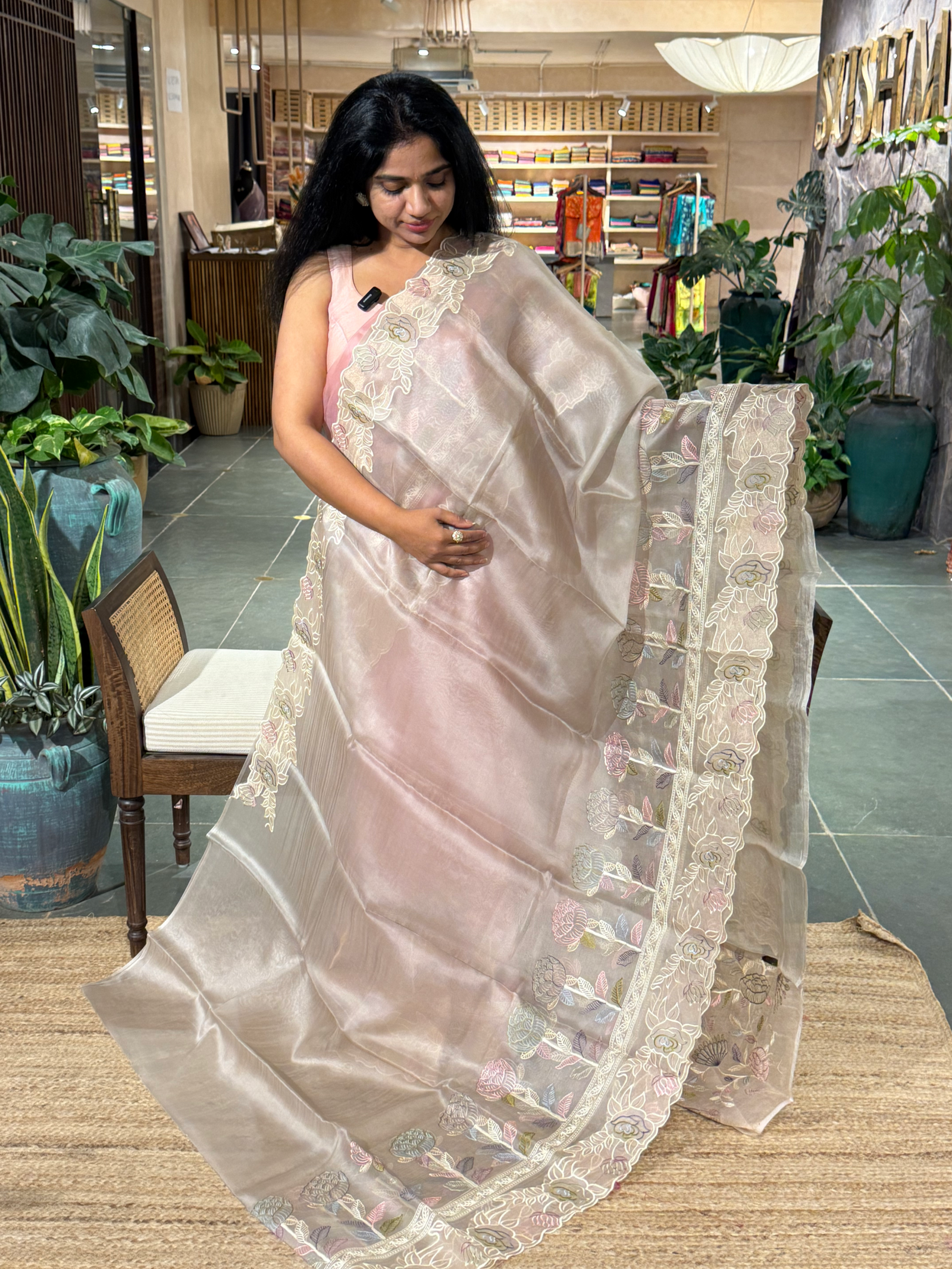 Earthy Tone Pure Organza Saree with embroidered and cutwork borders