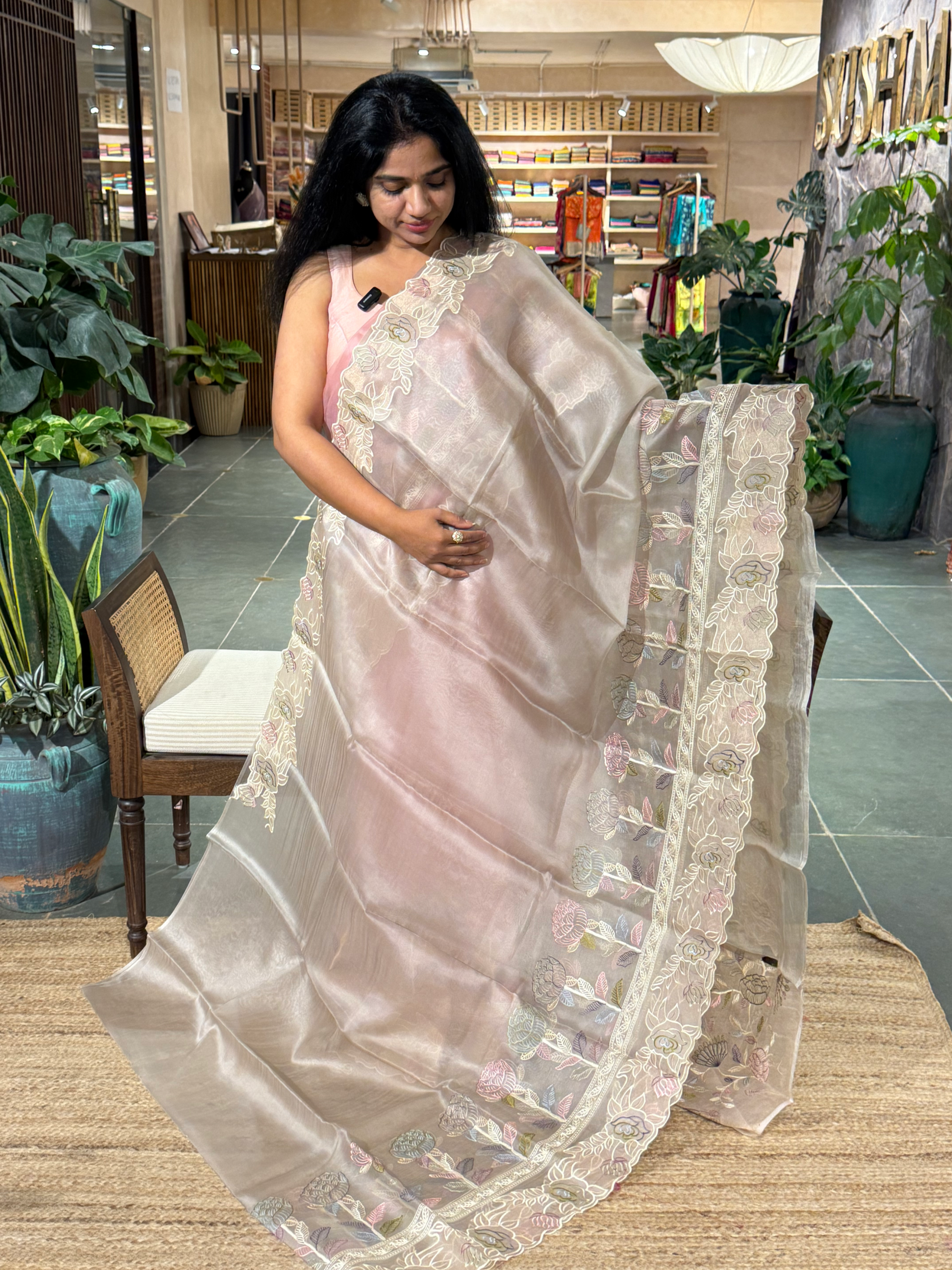 Earthy Tone Pure Organza Saree with embroidered and cutwork borders