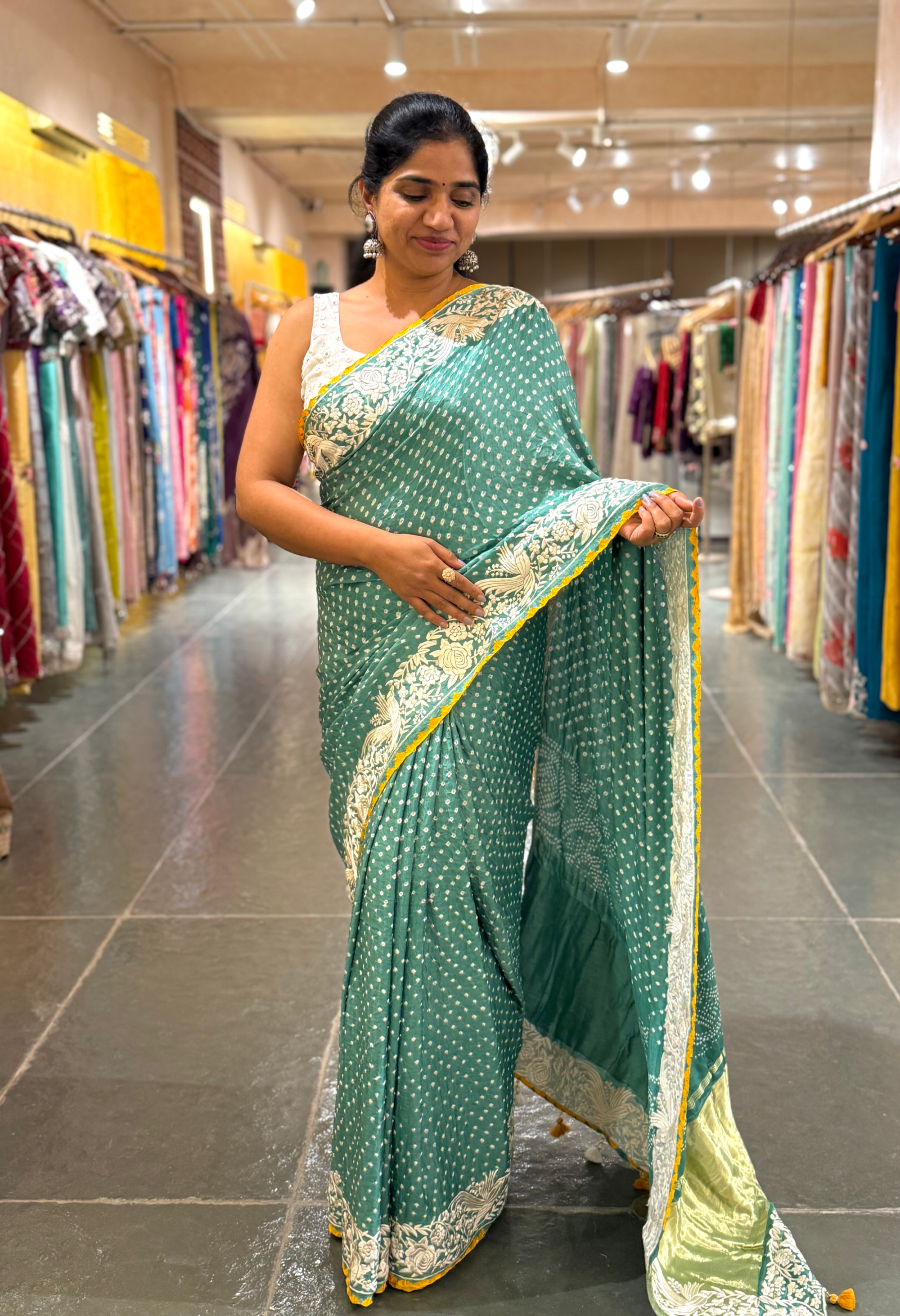 Teal Pure Gajji Silk Kutch Bandhej Saree with Parsi Gara Embroidery