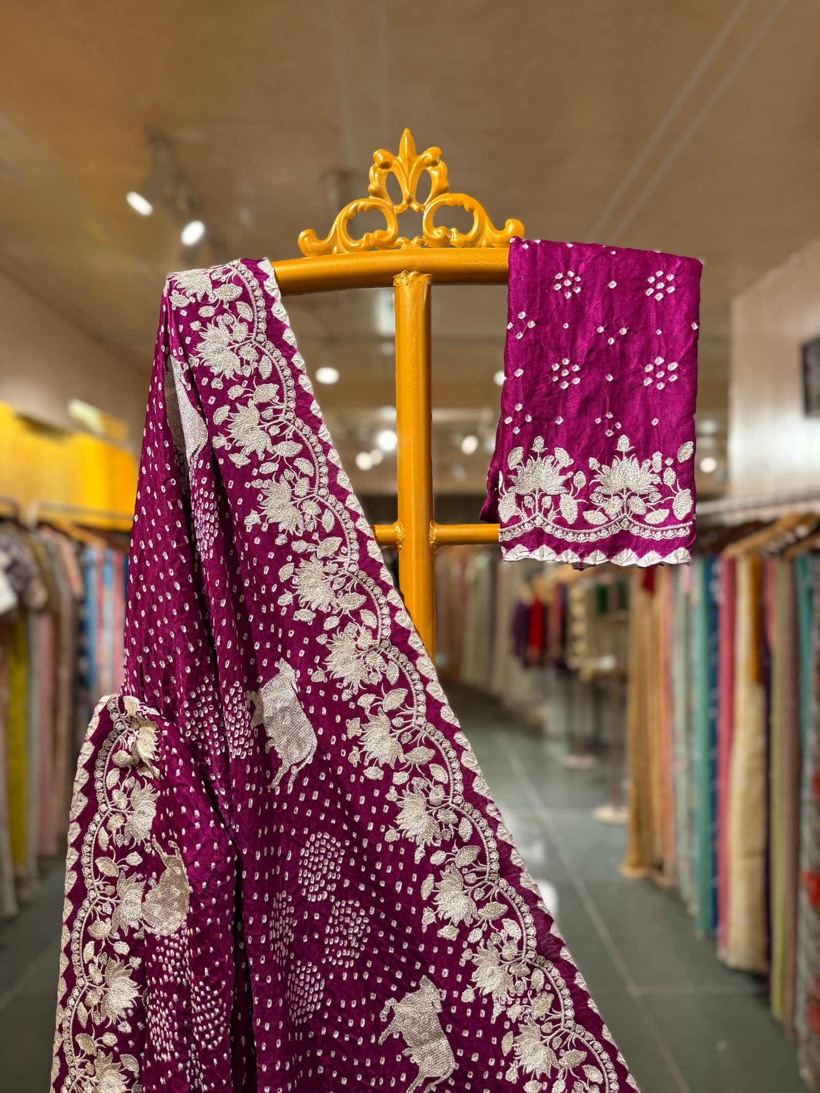 Purple Pure Gajji Silk Rai Bandhej Saree with Pichwai Embroidery