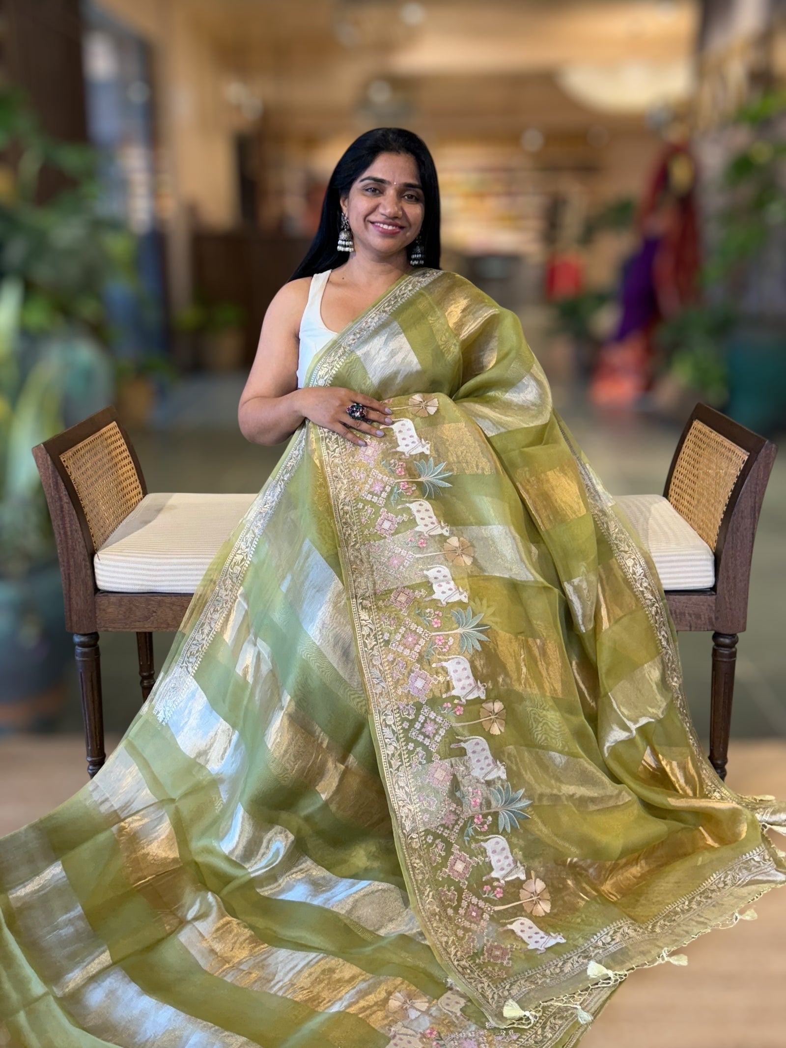 Kora Tissue Stripes Saree With Jamdani  & Pichwai embroidered Border