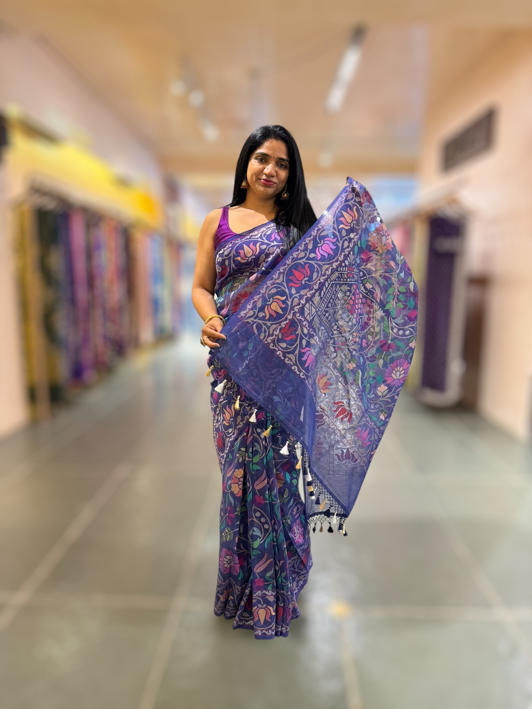 Neelambari - Real Zari Banarasi Cotton Jamdani Saree