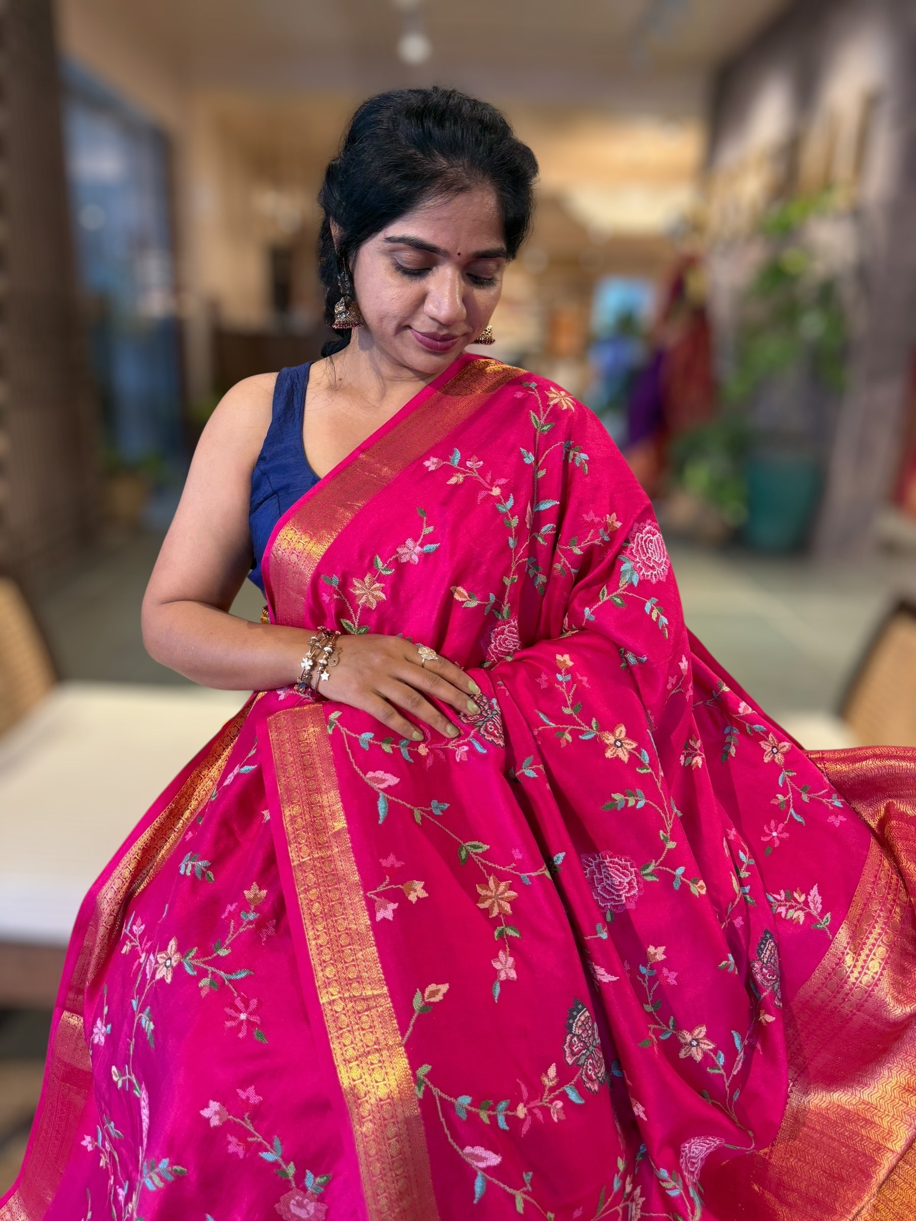 Rani Pink Kanchi soft Silk Saree With Allover Petite Point Embroidery