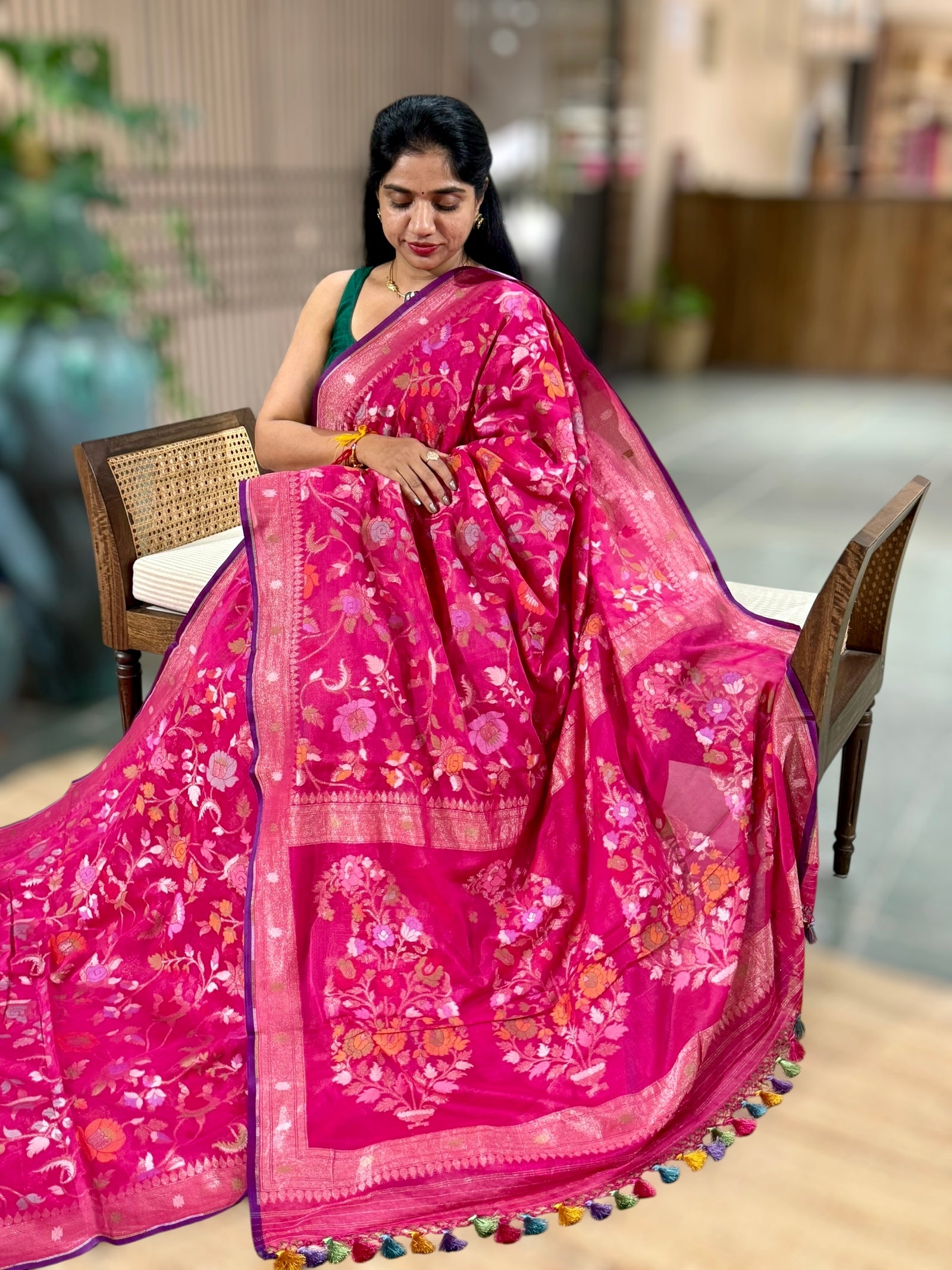 Pink Banarasi Handloom Cotton Cut Jamdani Saree With Allover Meenakari
