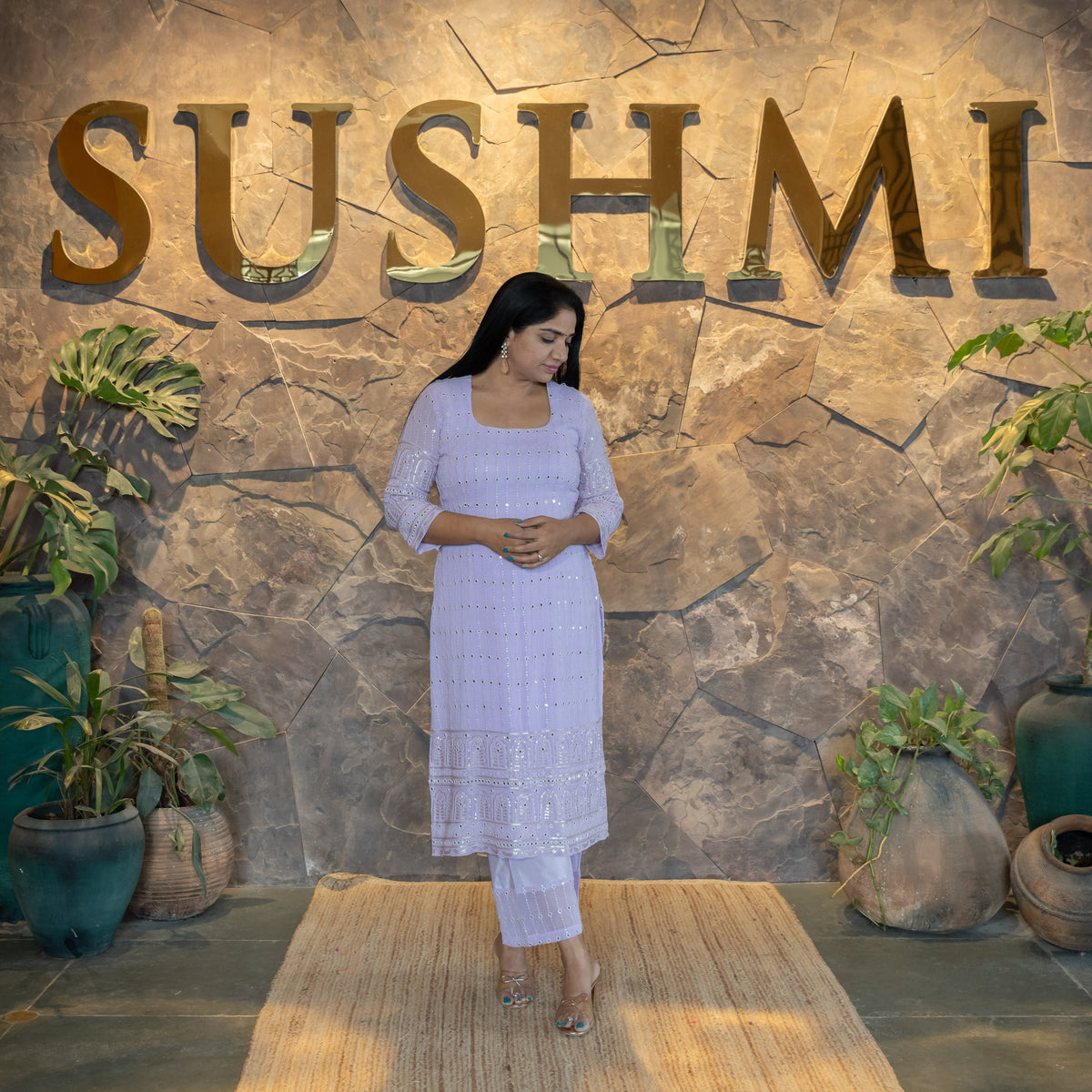 Gorgette Mirrorwork Chikankari 3-PC set