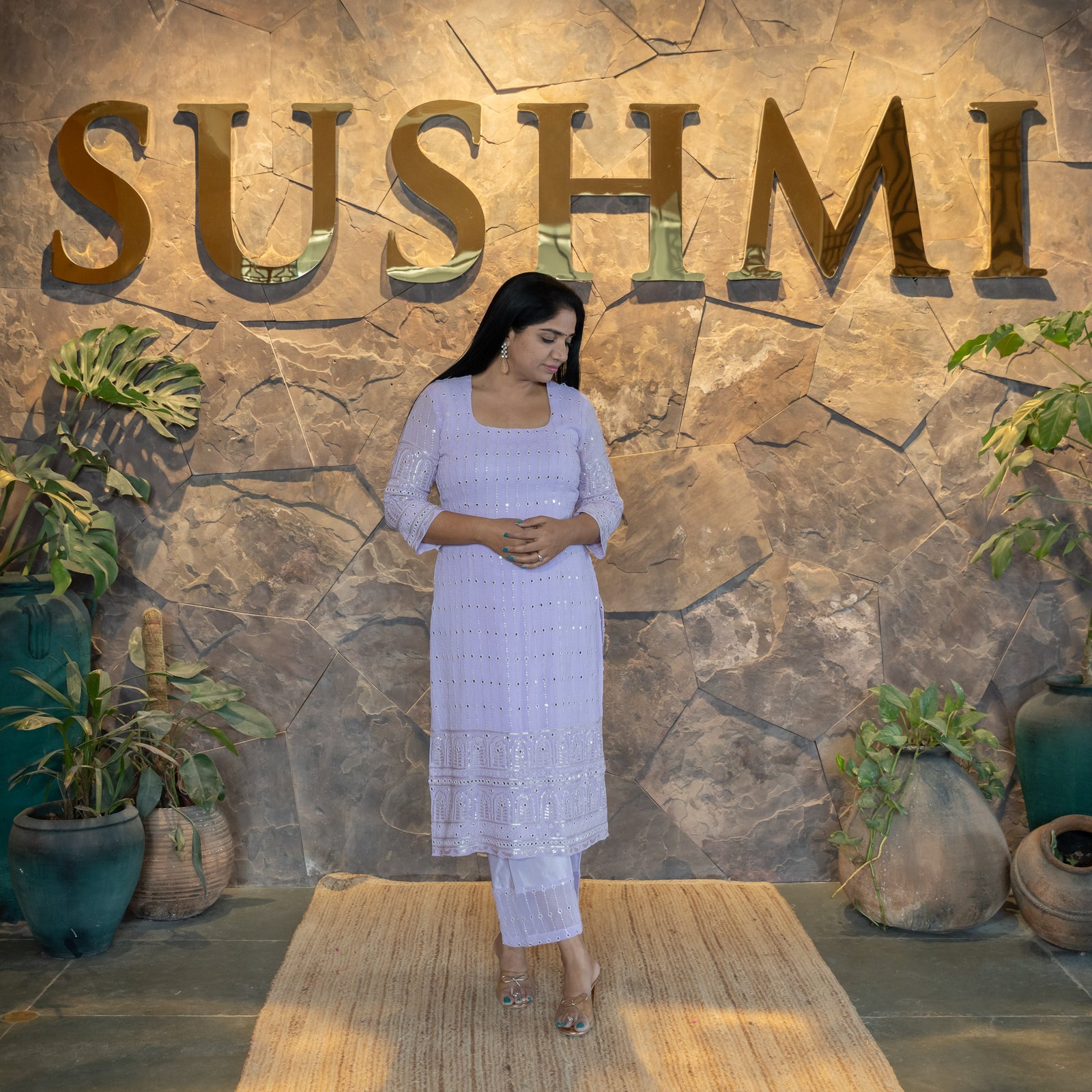 Gorgette Mirrorwork Chikankari 3-PC set