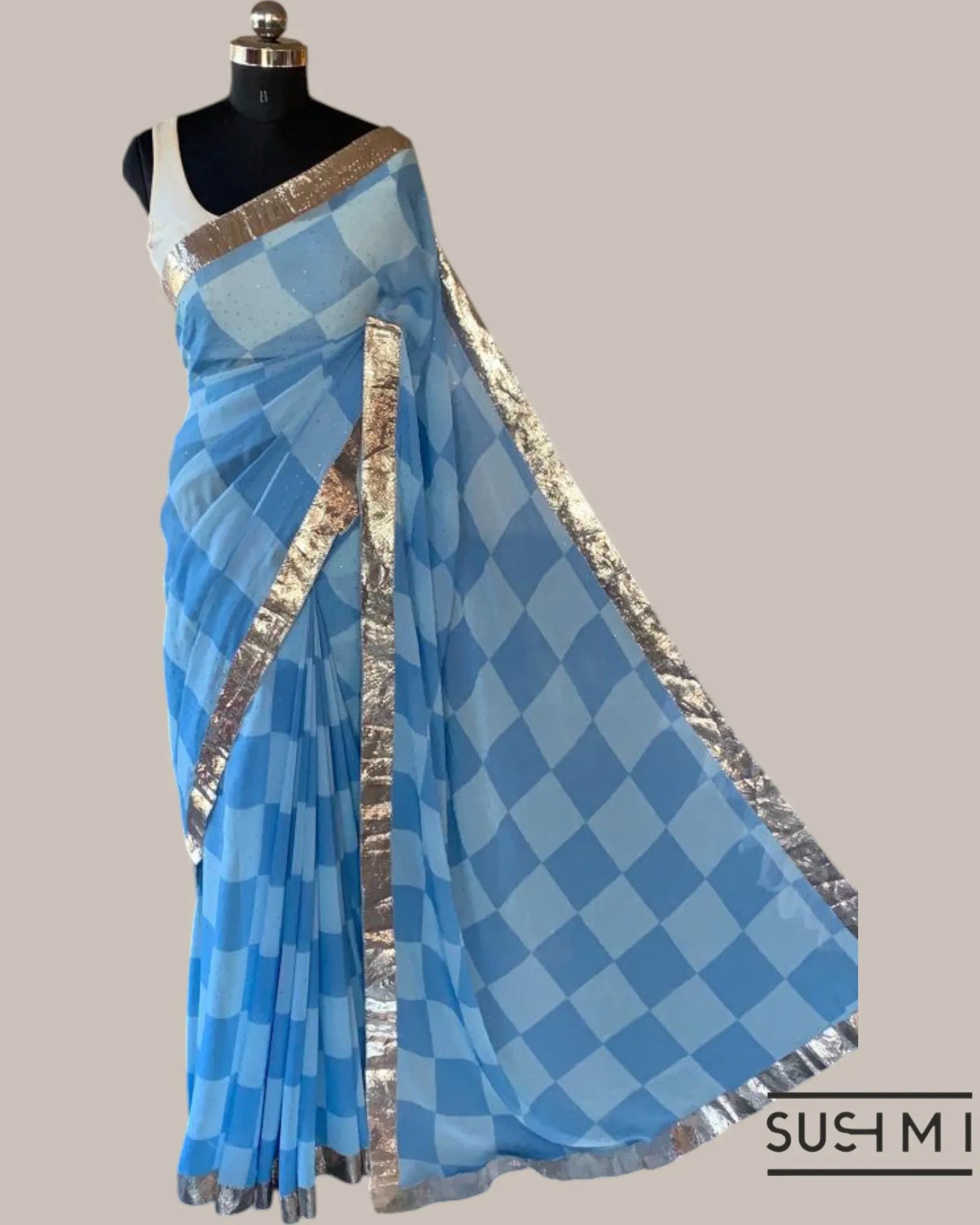 Pure Gorgette Saree in Checks Pattern , Allover Seuence & Hemlined Wth Gota lace