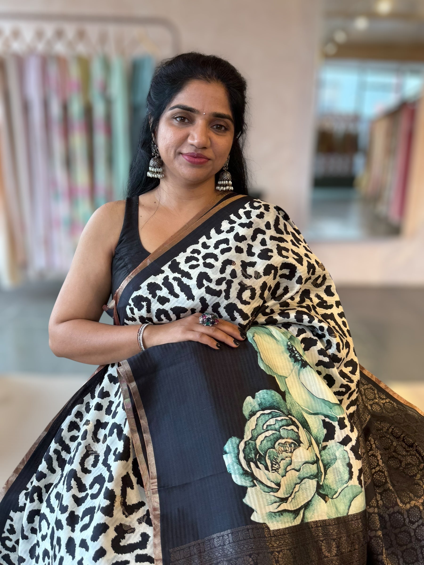 Kanchi Soft Silk Saree with Leopard and Statement 3D Rose Print