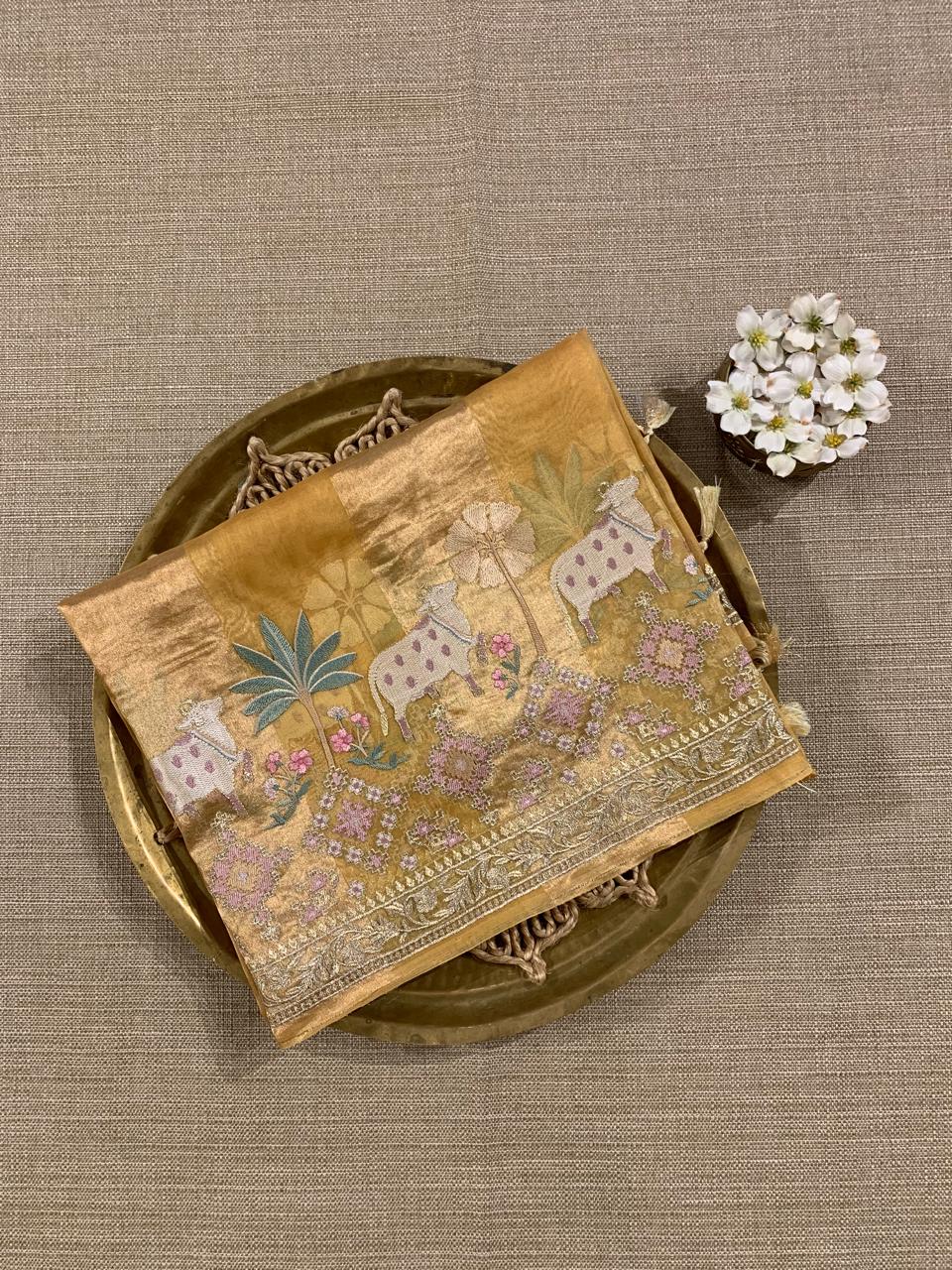 Mustard Kora Tissue Stripes with Pichwai & Jamdani Inspired Embroidery