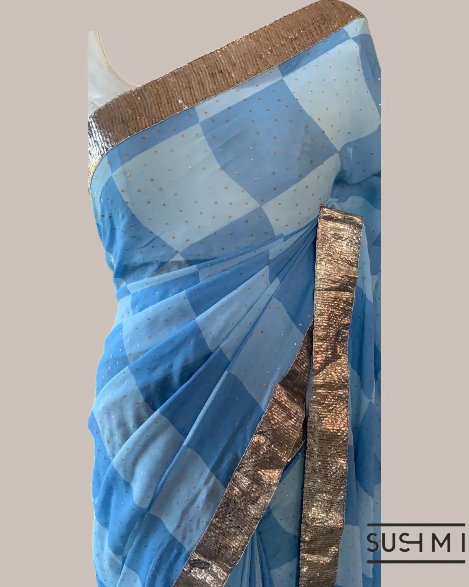 Pure Gorgette Saree in Checks Pattern , Allover Seuence & Hemlined Wth Gota lace