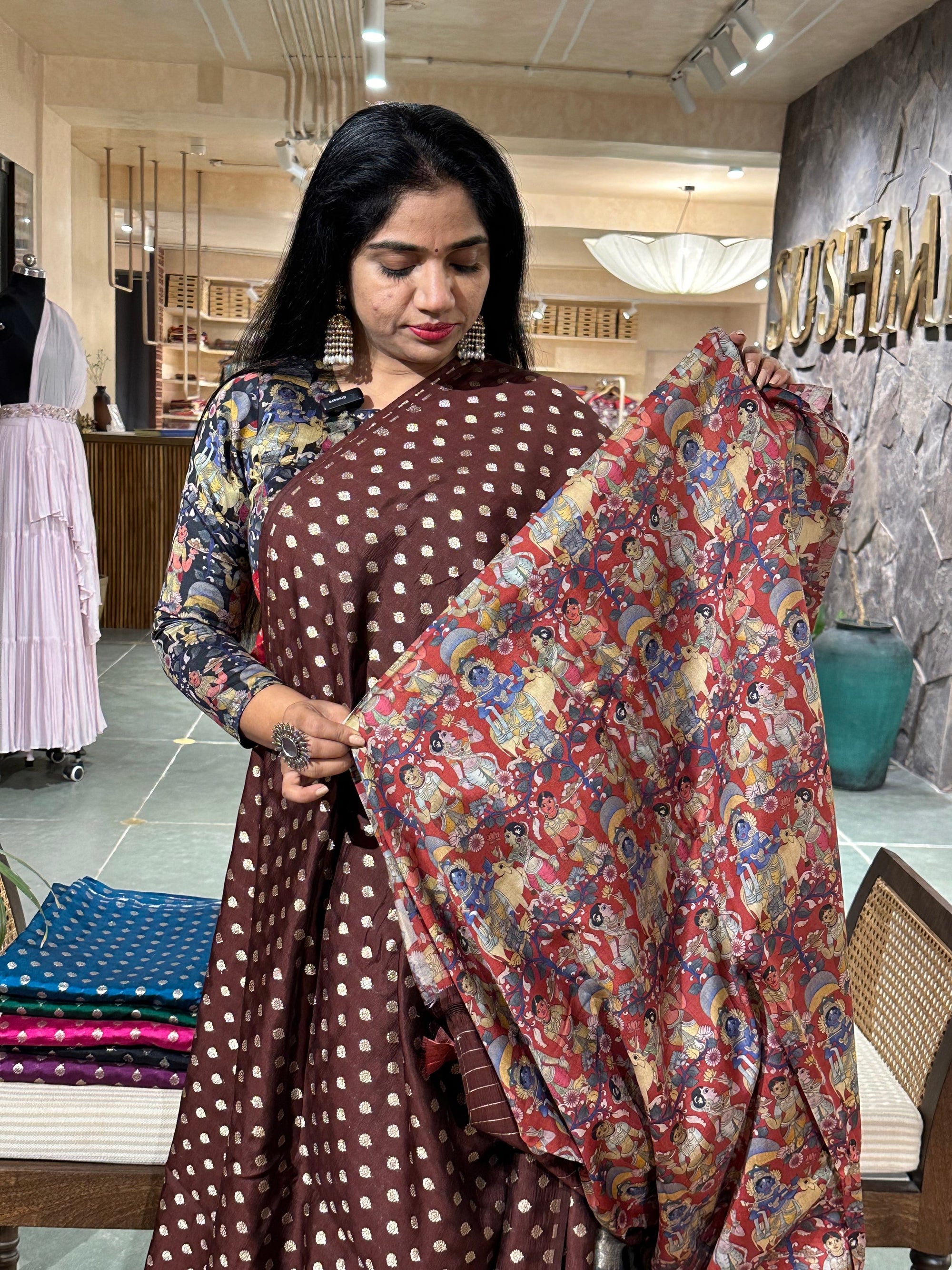 Banarasi chinia silk with krishna theme pallu-brown with burgundy