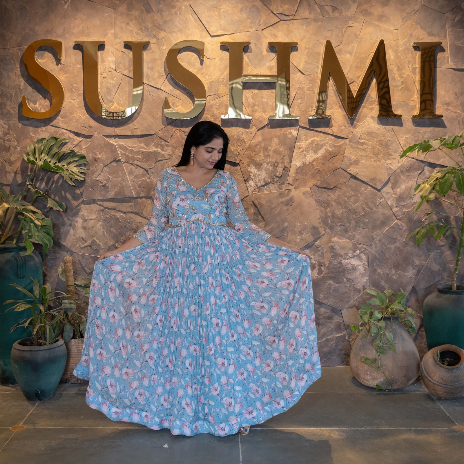 Pure Chinnon Printed Long Frock with handwork yoke