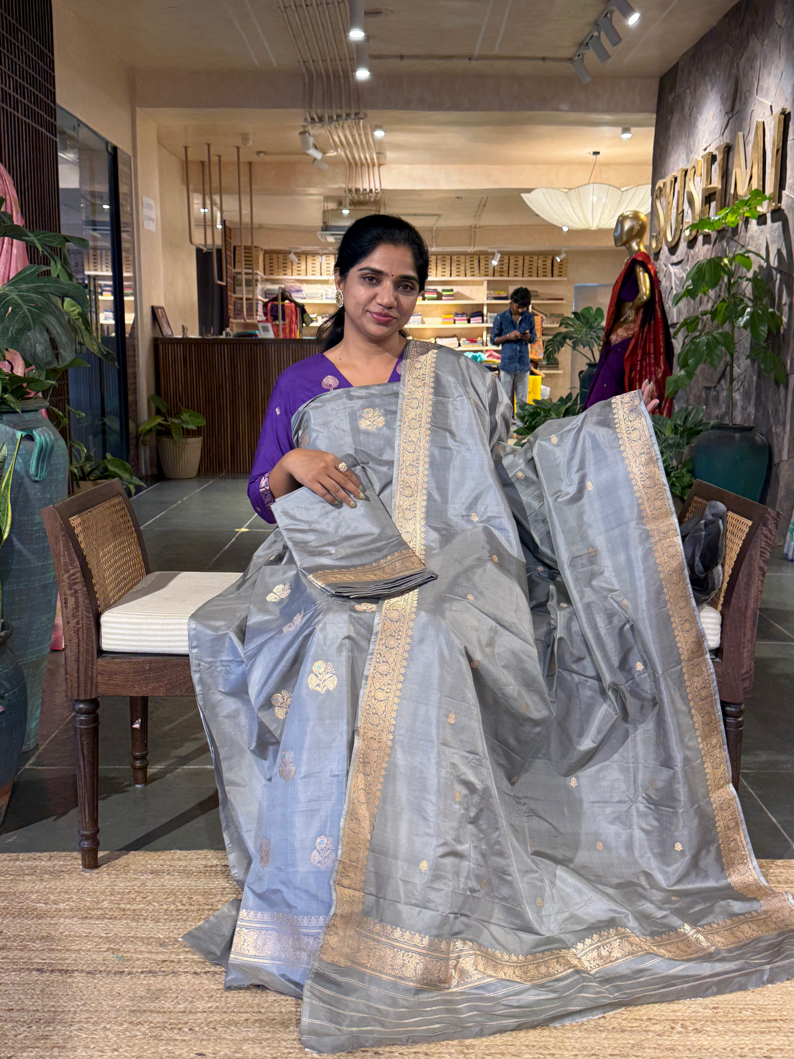 Grey Pure Handloom Katan Silk  3 pc Suit Set with  kaduwa weaving