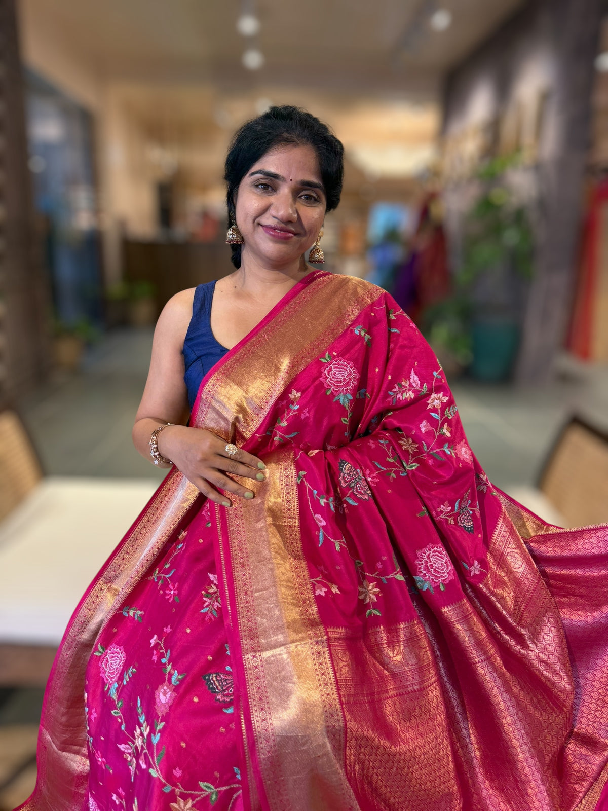 Dark Pink Kanchi  Saree With Allover Petite Point Embroidery