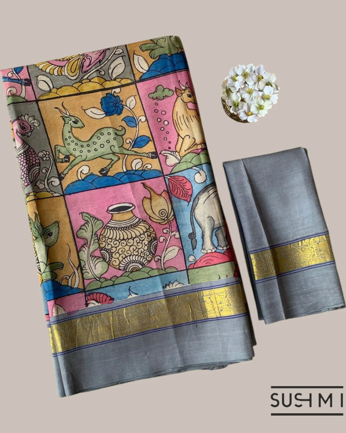 Kanchi Pen kalamkari handpainted saree with heavy borders