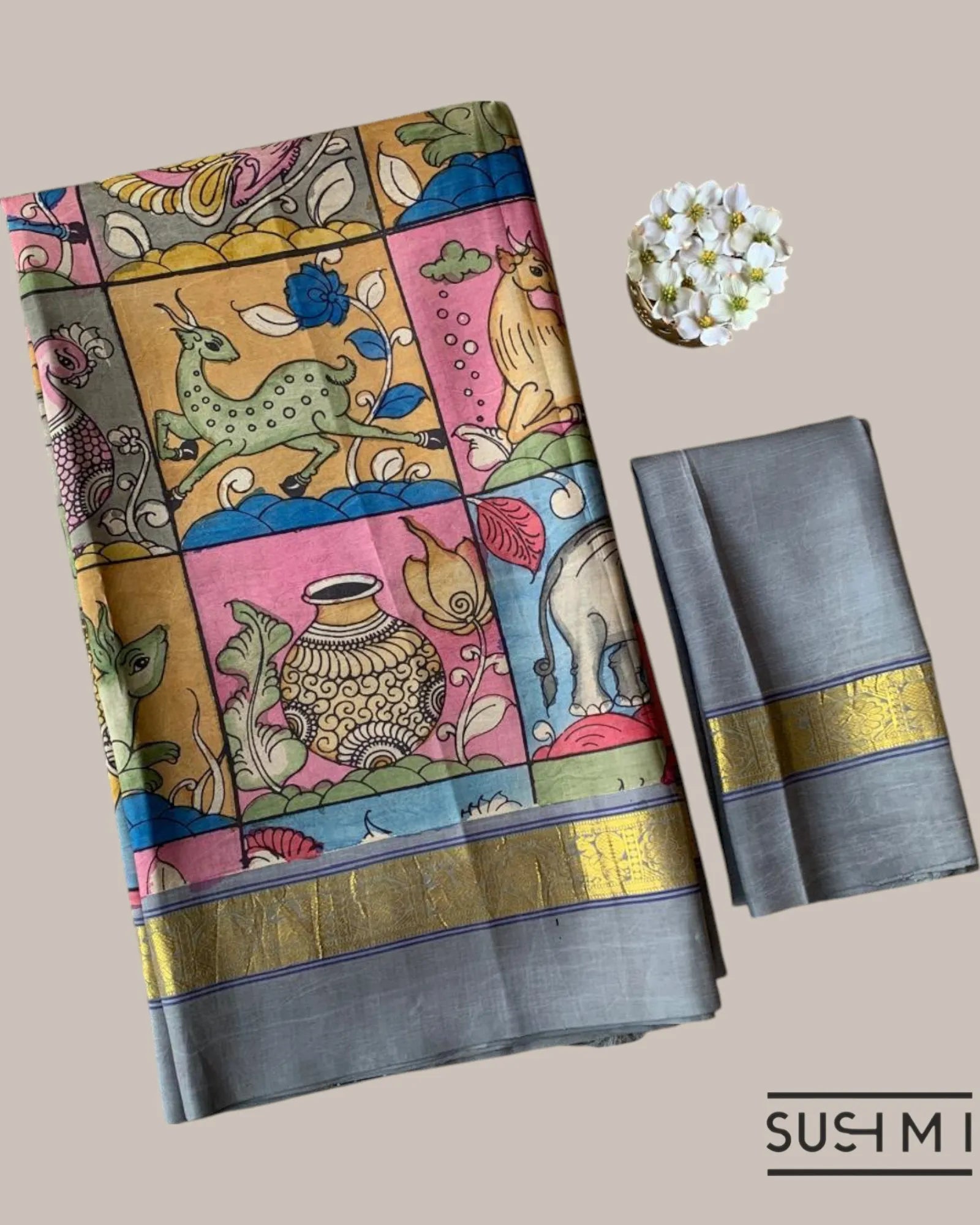 Kanchi Pen kalamkari handpainted saree with heavy borders