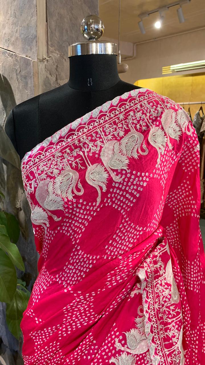 Pure Gajji Silk Rai Bandhej Saree in half and half style with Swan embroidery