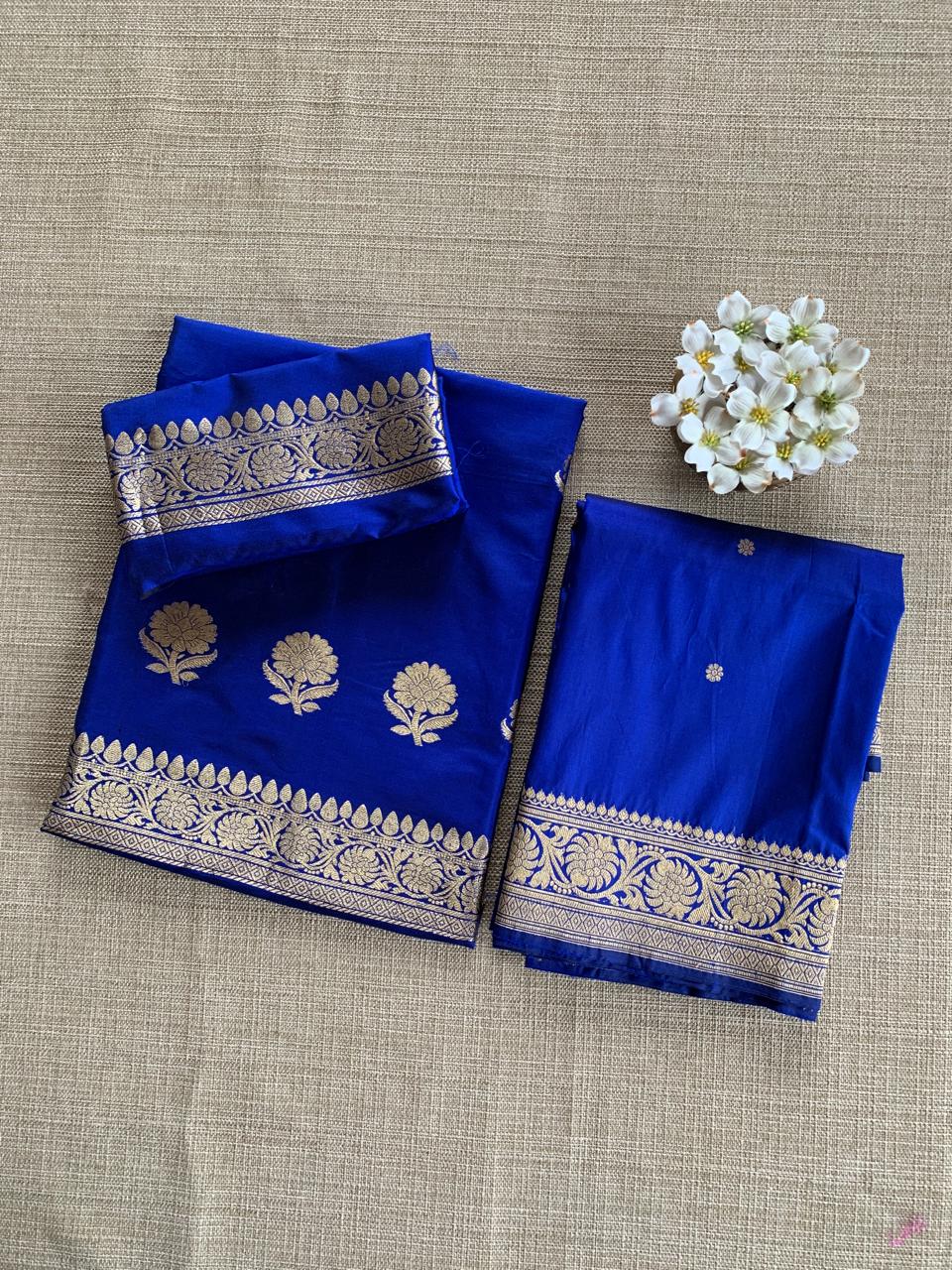 Royal BluePure Handloom Katan Silk  3 pc Suit Set with  kaduwa weaving