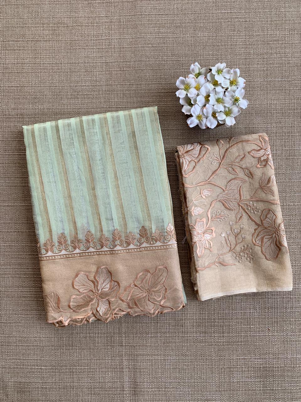 Mint Mul Tissue Stripes Saree With Tissue Cutwork  Border & Blouse