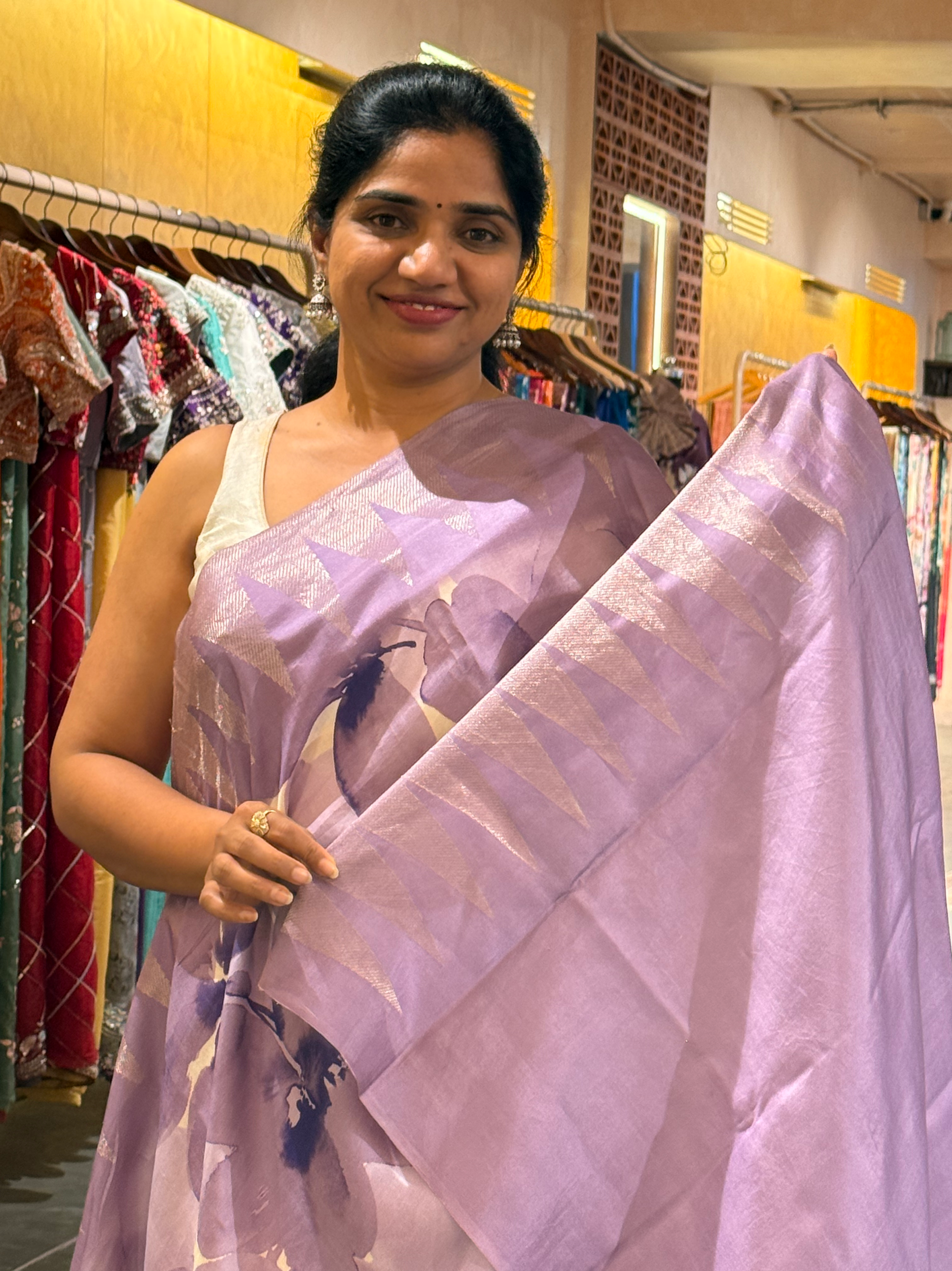 Lilac Printed Kanchi Silk soft drape Saree with temple borders b