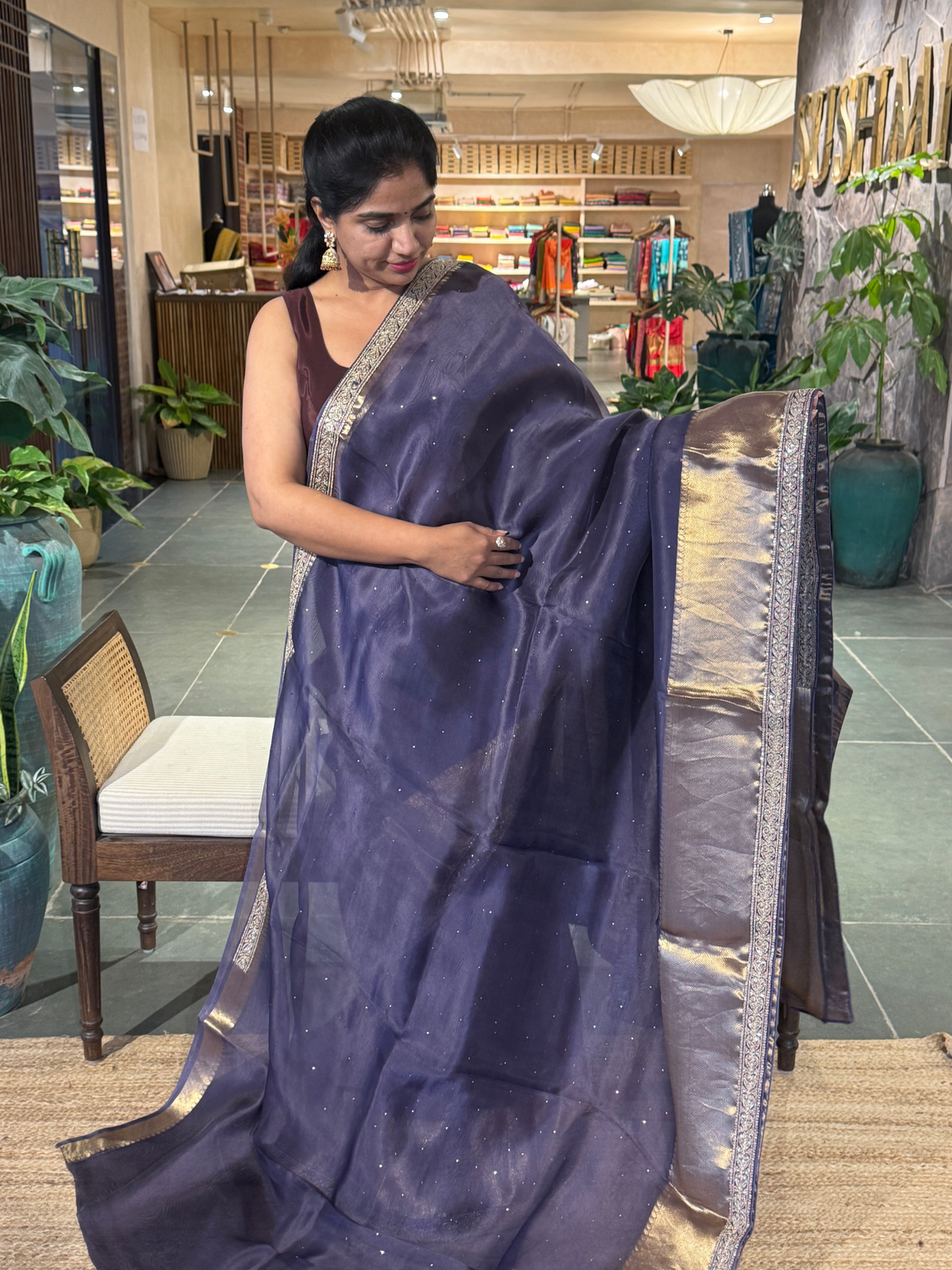 SK1091414ORG:Bluish Violet Kanchi Kora Saree with allover mukaish handwork
