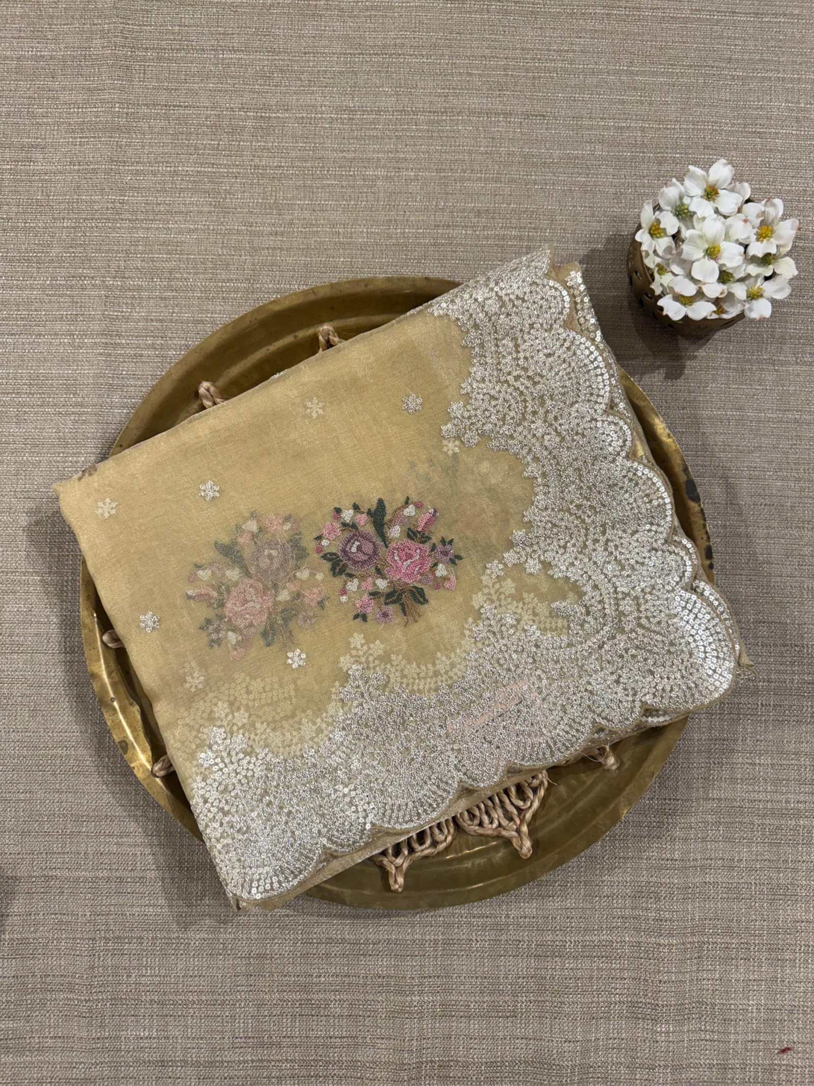 Yellow Tissue Saree With allover Petite Point Motifs & Pittai Sequnce Borders