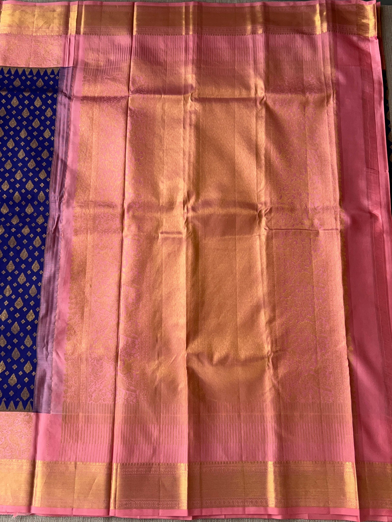 Purplish  Blue & Peach Pink Pure Kanchi Pattu Saree